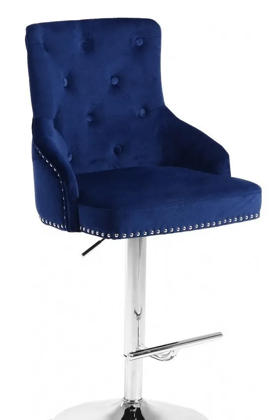 1 Blue Adjustable Velvet Bar Stool With Deep Tufting & Nailhead Details- Model #6022