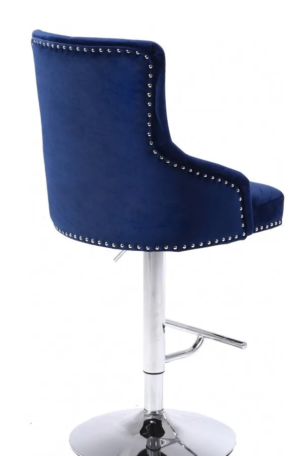 1 Blue Adjustable Velvet Bar Stool With Deep Tufting & Nailhead Details- Model #6022
