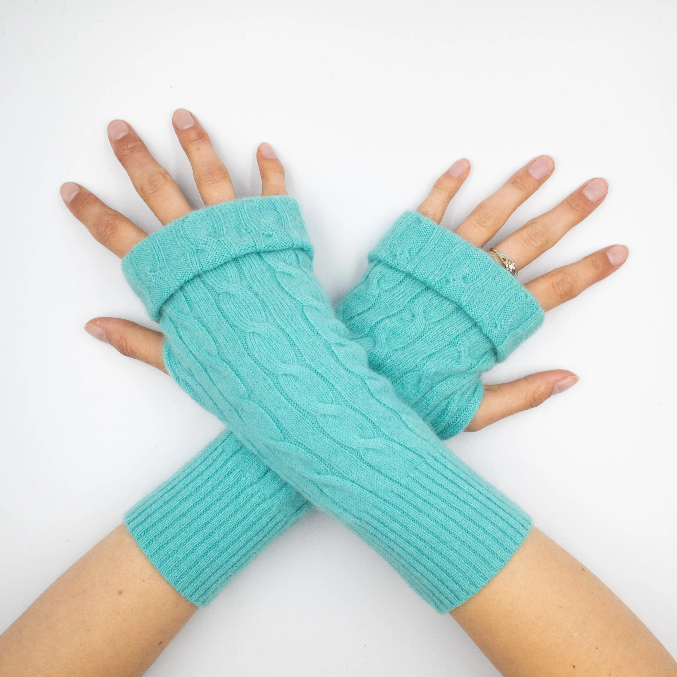 Aqua Green Cable Fingerless Gloves