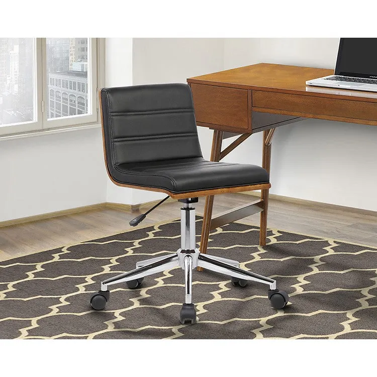 Armen Living Bowie Mid-Century Office Chair in Chrome finish with Black Faux Leather and Walnut Veneer Back LCBOOFCHBLACK