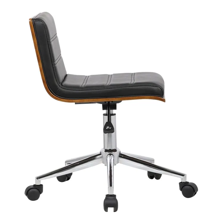 Armen Living Bowie Mid-Century Office Chair in Chrome finish with Black Faux Leather and Walnut Veneer Back LCBOOFCHBLACK