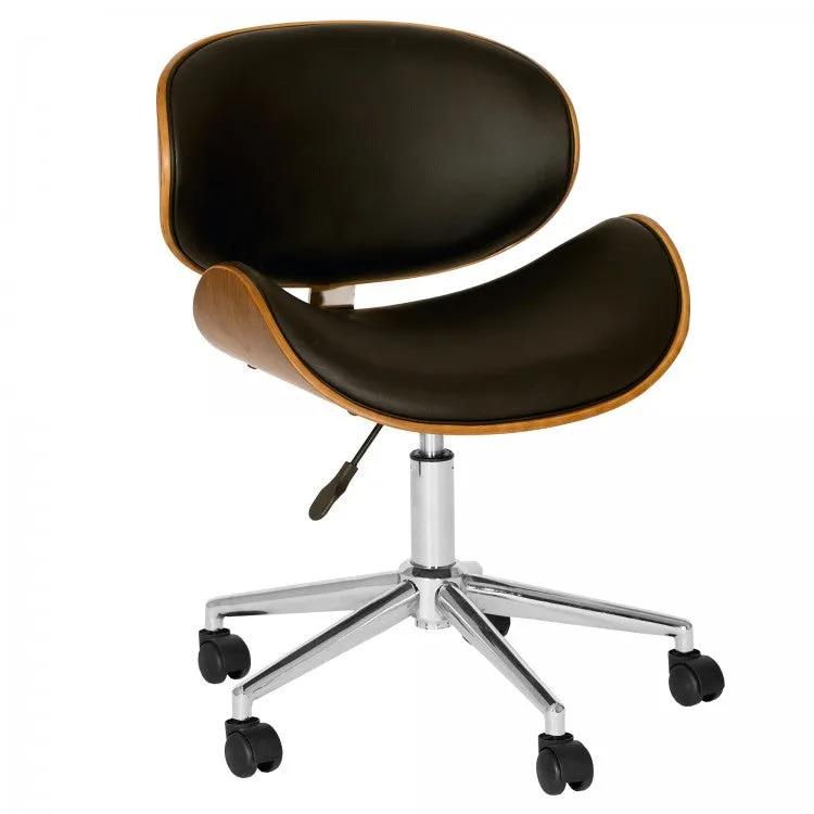 Armen Living Daphne Modern Office Chair In Chrome Finish with Black Faux Leather And Walnut Veneer Back LCDAOFCHBL