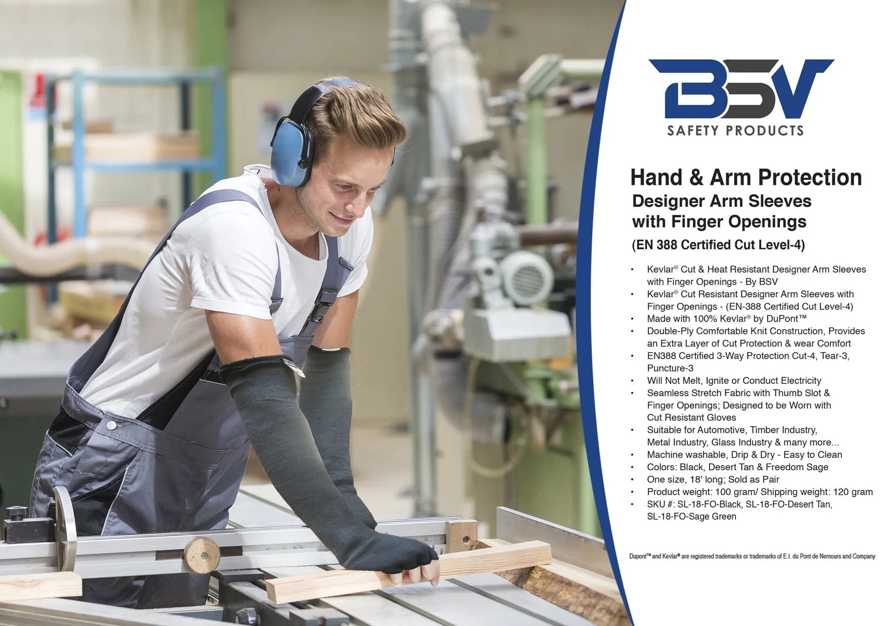 BSV Kevlar Arm Protection Mechanic Sleeves- Heat, Scratch & Cut Resistant Arm Safety Sleeves with Finger Opening - Bite Proof- 18 Inches, Black-1 Pair