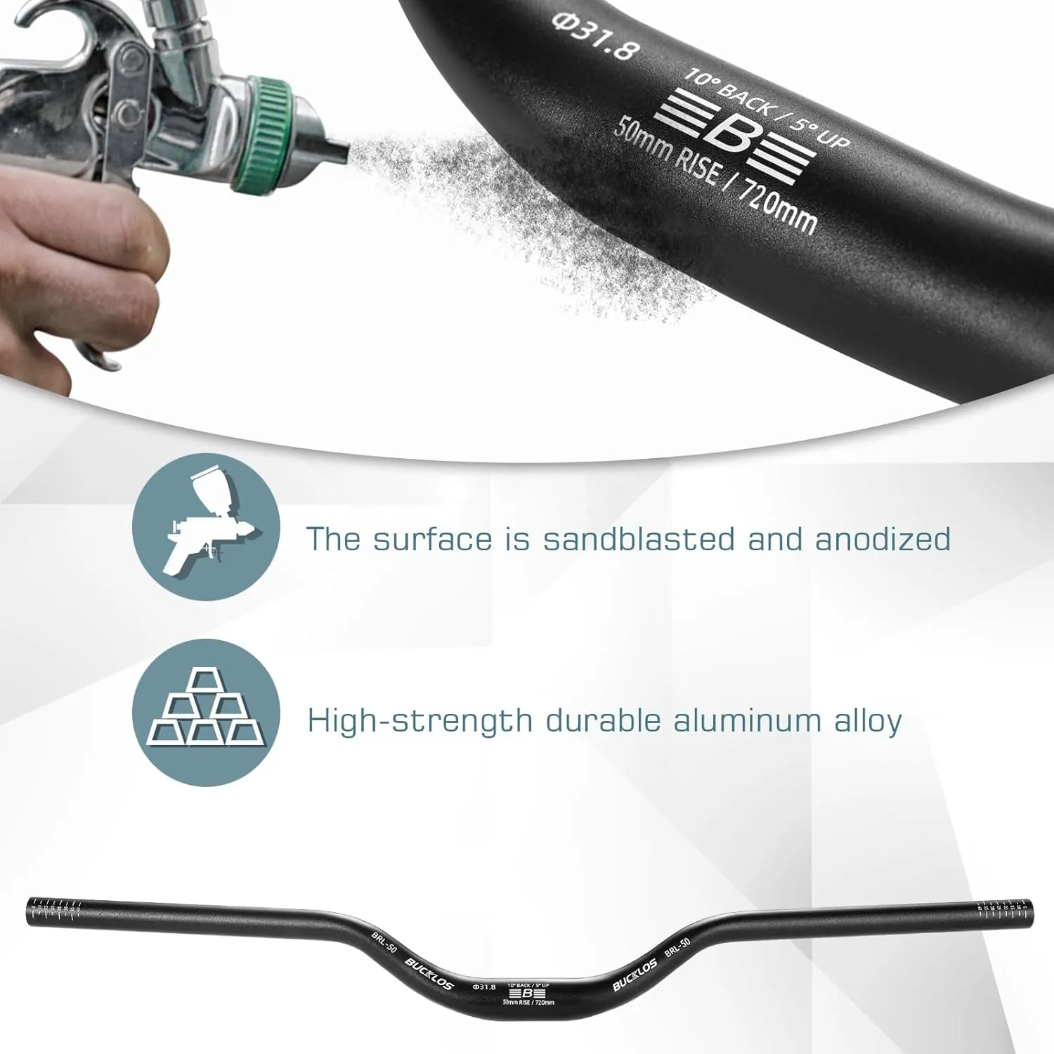 BUCKLOS Mountain Bike MTB Handlebars 25.4/31.8mm - 20/30/50/90/100/120/160mm Rise Aluminum Alloy Handlebar - 720/780mm Extra Long Bicycle Riser HandleBars for E-Bike Folding Bike Downhill Racing.