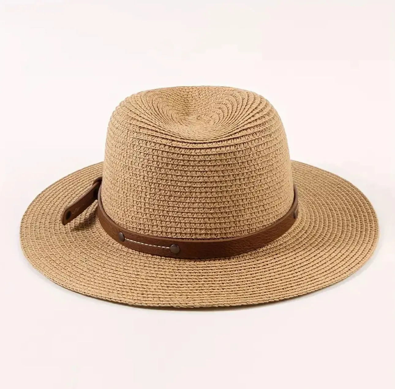 Chic Breathable Khaki Summer Straw Sun Hat With Pu Leather Belt, Perfect For Beach & Casual Wear