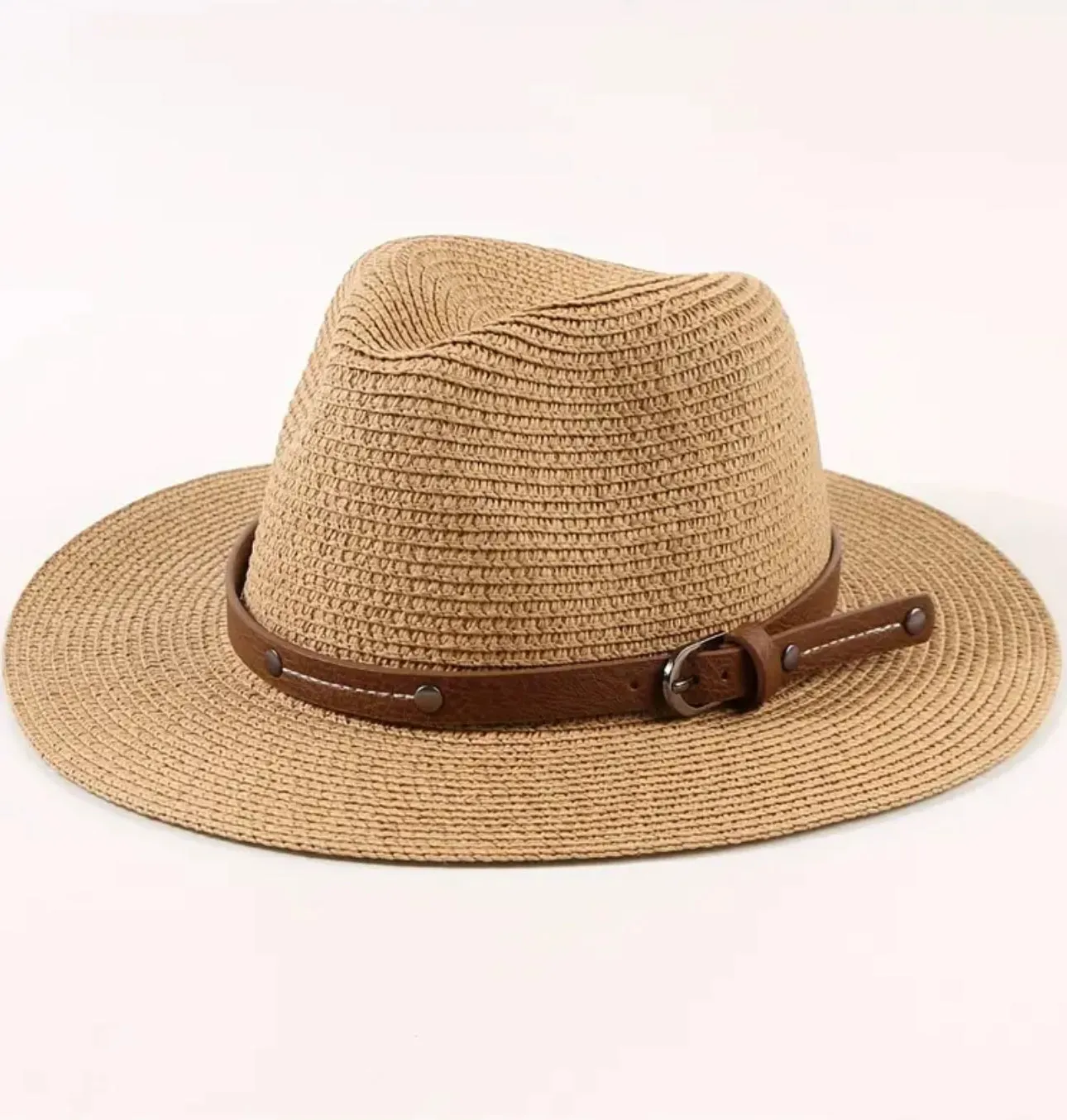 Chic Breathable Khaki Summer Straw Sun Hat With Pu Leather Belt, Perfect For Beach & Casual Wear
