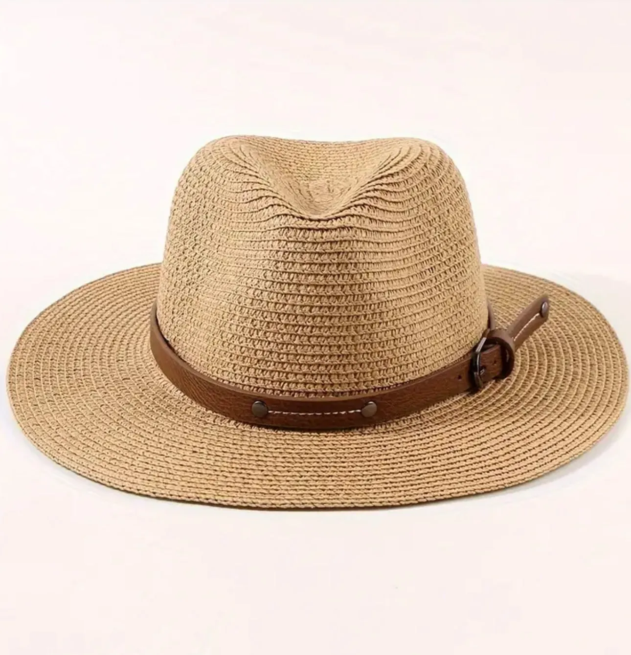 Chic Breathable Khaki Summer Straw Sun Hat With Pu Leather Belt, Perfect For Beach & Casual Wear