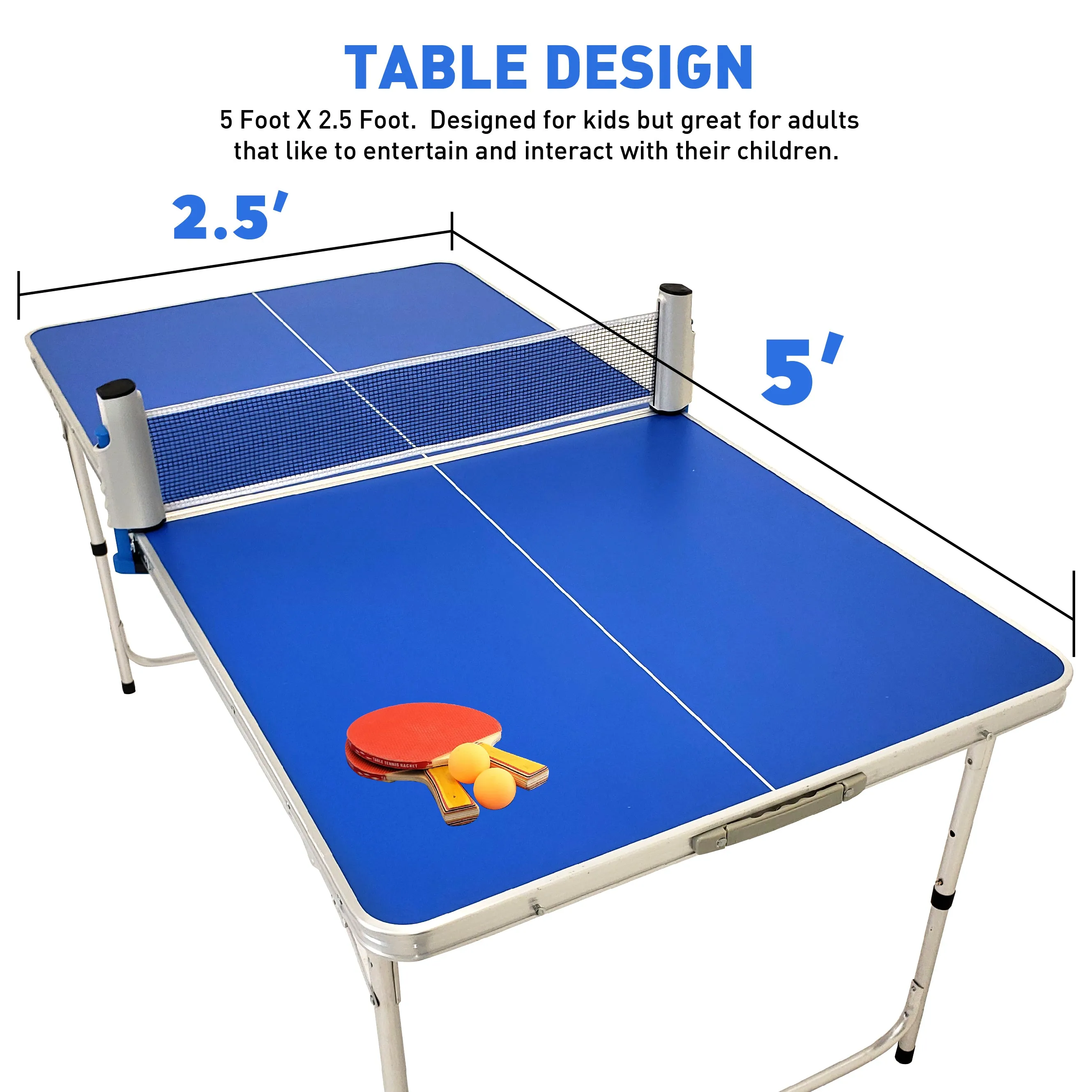 EasyGo Product Ping Pong Table Tennis Space Saving & Easy Storage Includes (2) Regulation Paddles (3) Balls and (1) Easy Clamp Net Table Size 5 Foot X 2.5 Foot Legs 24”-28” Tall - Blue 5ft