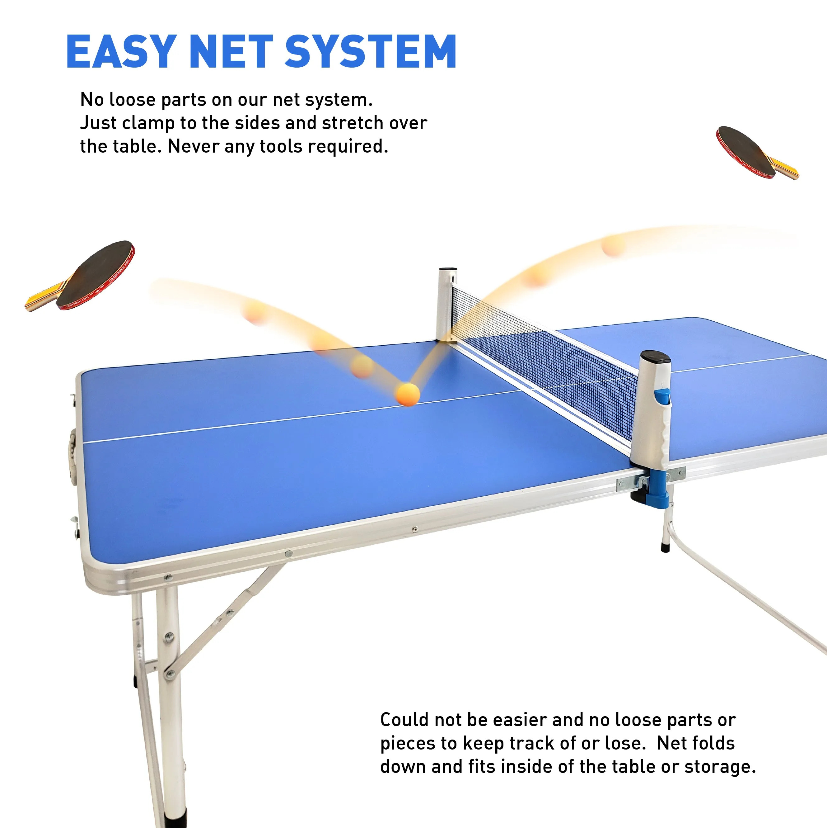 EasyGo Product Ping Pong Table Tennis Space Saving & Easy Storage Includes (2) Regulation Paddles (3) Balls and (1) Easy Clamp Net Table Size 5 Foot X 2.5 Foot Legs 24”-28” Tall - Blue 5ft