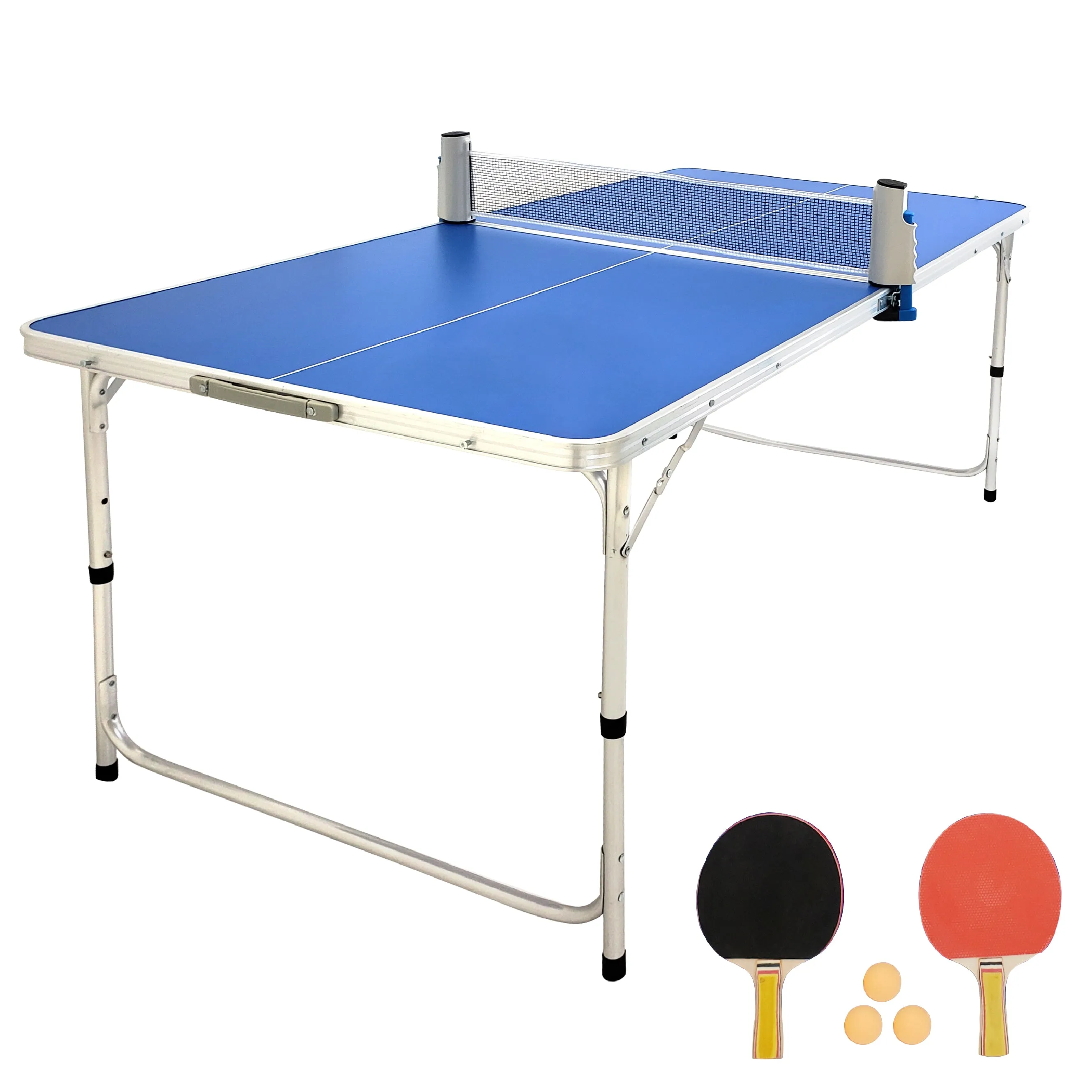 EasyGo Product Ping Pong Table Tennis Space Saving & Easy Storage Includes (2) Regulation Paddles (3) Balls and (1) Easy Clamp Net Table Size 5 Foot X 2.5 Foot Legs 24”-28” Tall - Blue 5ft