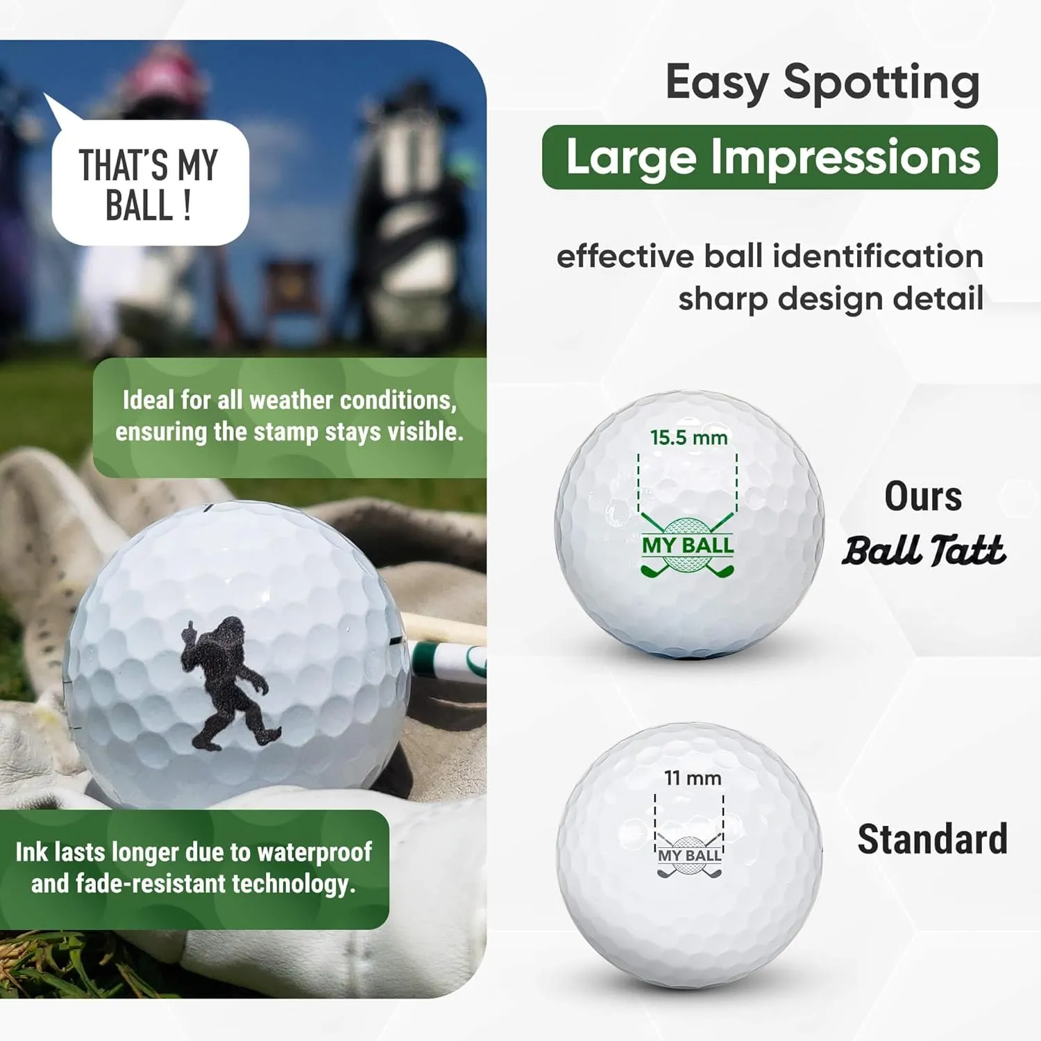 Golf Ball Stamp - Self-Inking Marker - Quick-Dry Permanent Marking Tool, No Leaks or Refills, Reusable & Waterproof Golfing Stamper - Ideal Gift for Golfers, Dads, (Bigfoot Edition).