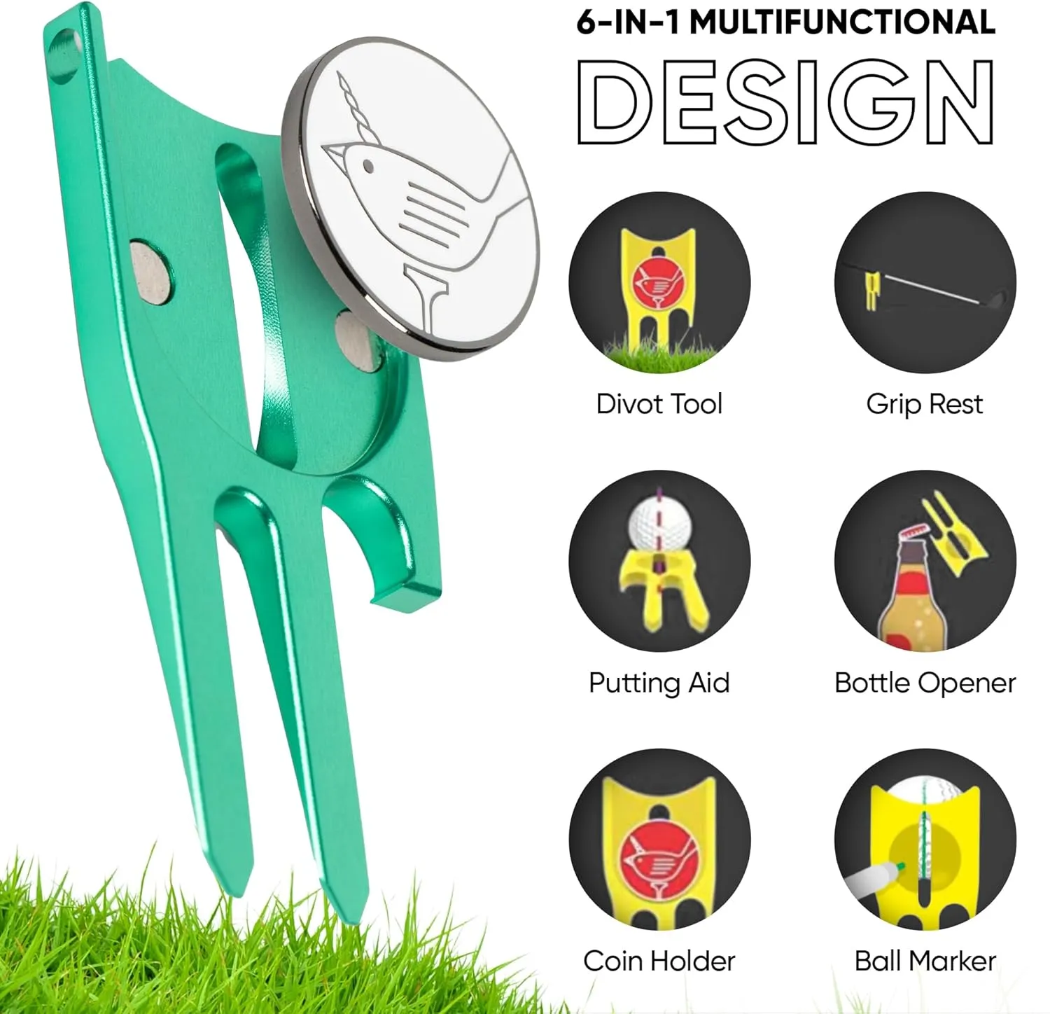 Golf Divot Repair Tool & Golf Ball Marker 6-in-1 Golf Divot Tool