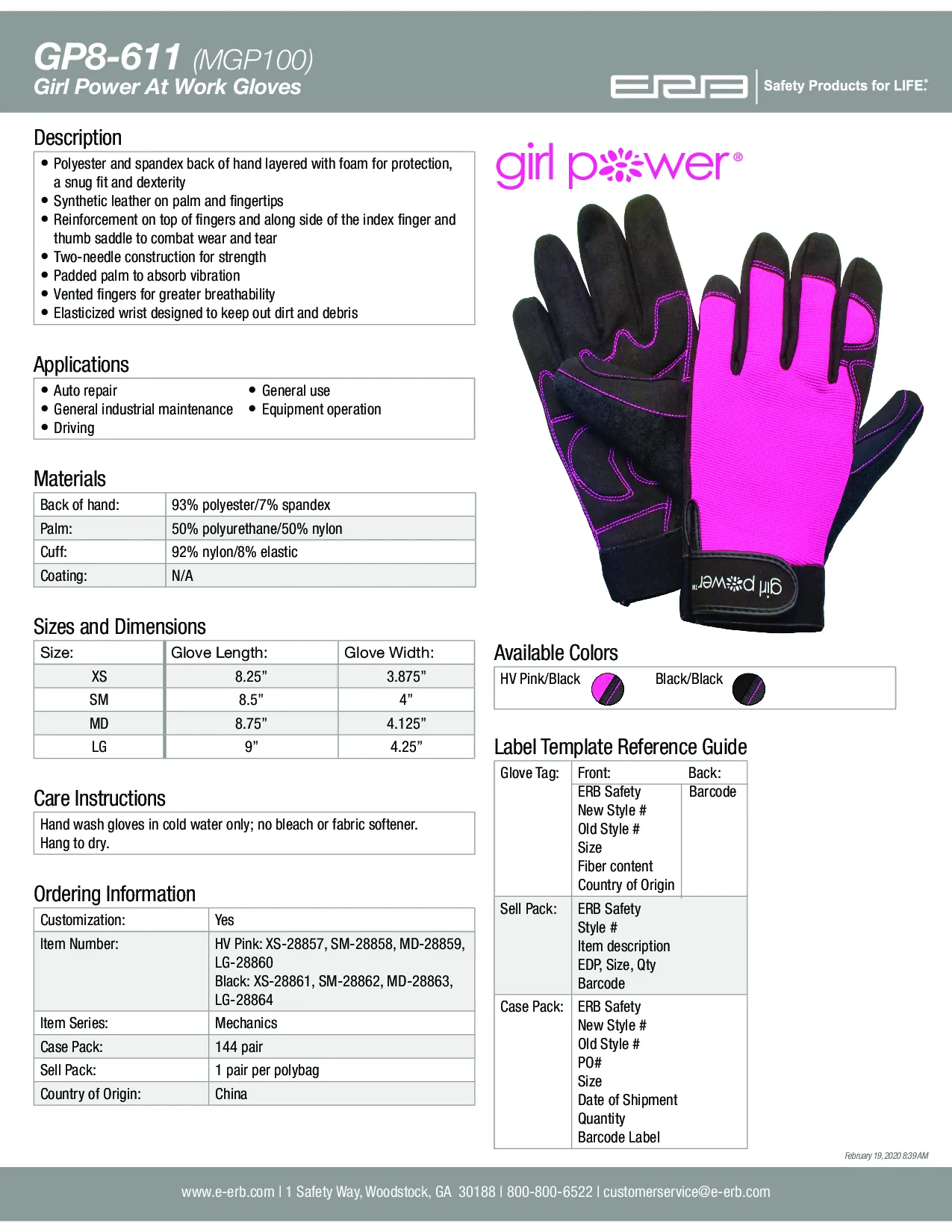 GP8-611 (MGP100) Women's Mechanics Gloves Black 1PAIR