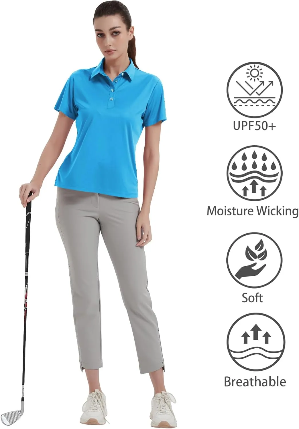 Idtswch Women's Polo Shirts UPF 50  Casual Work Quick Dry 4 Buttons Short Sleeve Collared Golf Shirt XS-4XL