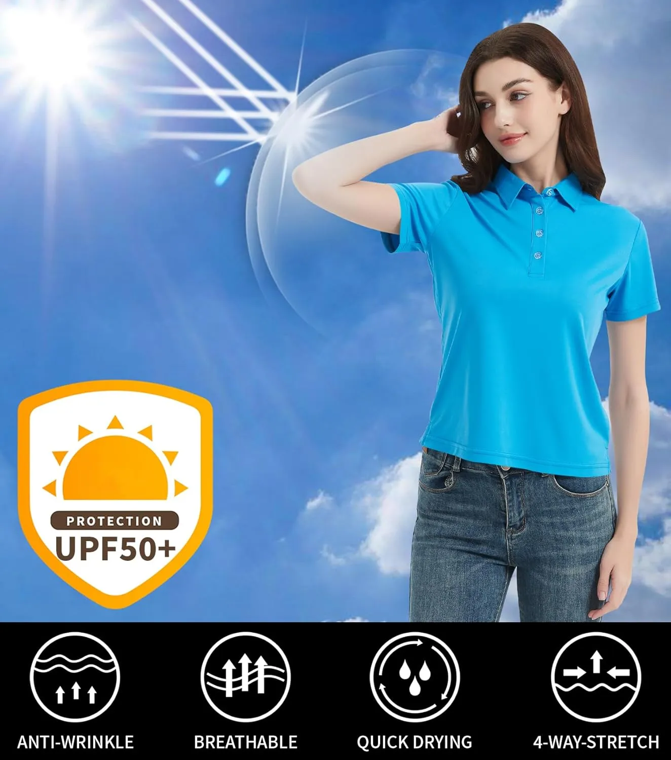 Idtswch Women's Polo Shirts UPF 50  Casual Work Quick Dry 4 Buttons Short Sleeve Collared Golf Shirt XS-4XL