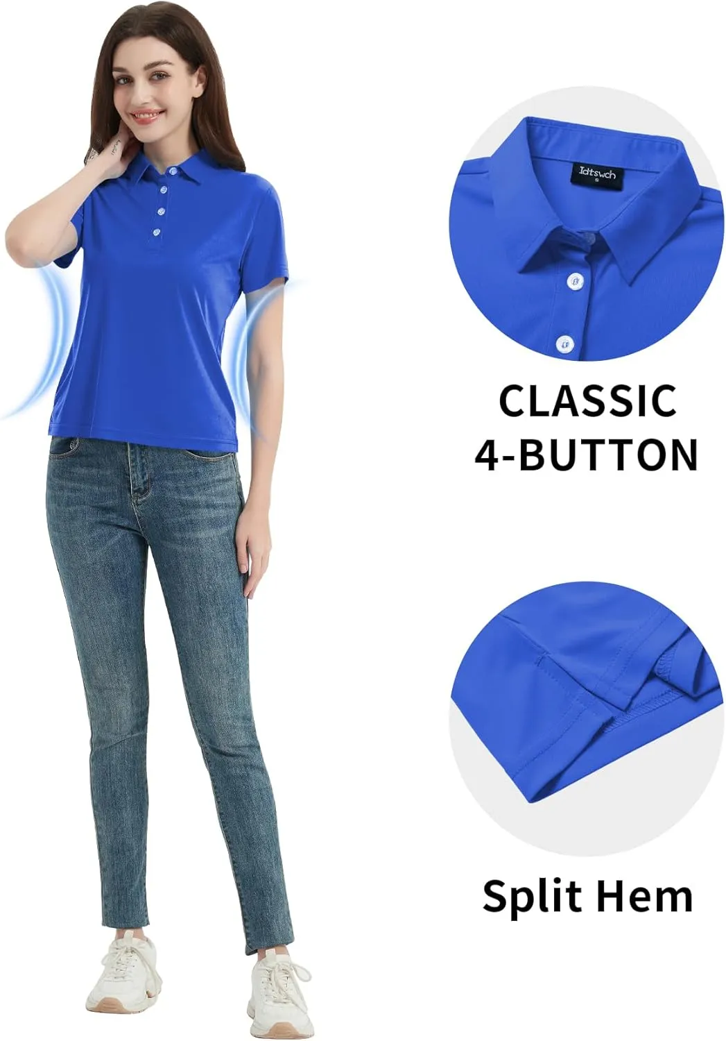 Idtswch Women's Polo Shirts UPF 50  Casual Work Quick Dry 4 Buttons Short Sleeve Collared Golf Shirt XS-4XL