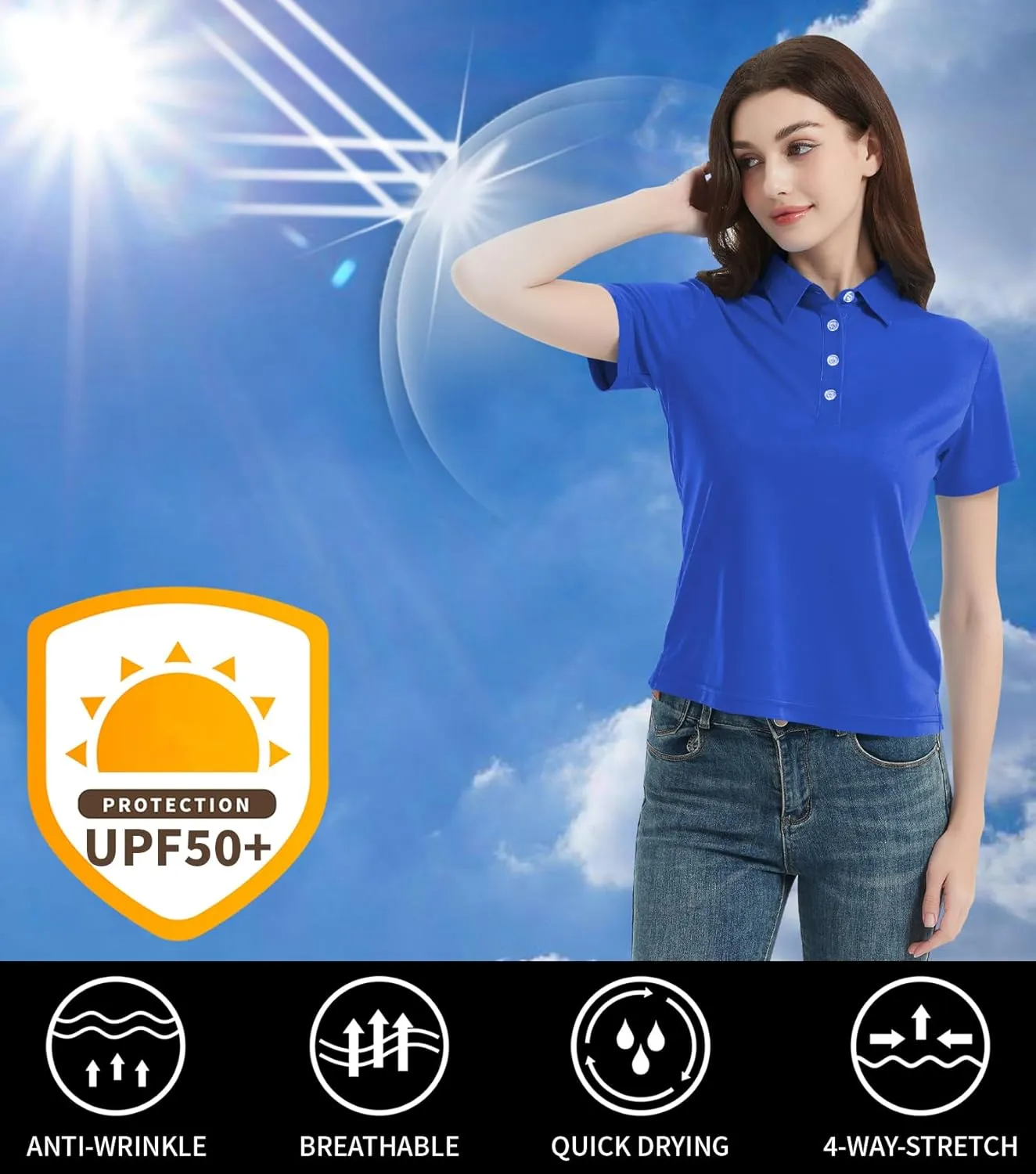 Idtswch Women's Polo Shirts UPF 50  Casual Work Quick Dry 4 Buttons Short Sleeve Collared Golf Shirt XS-4XL