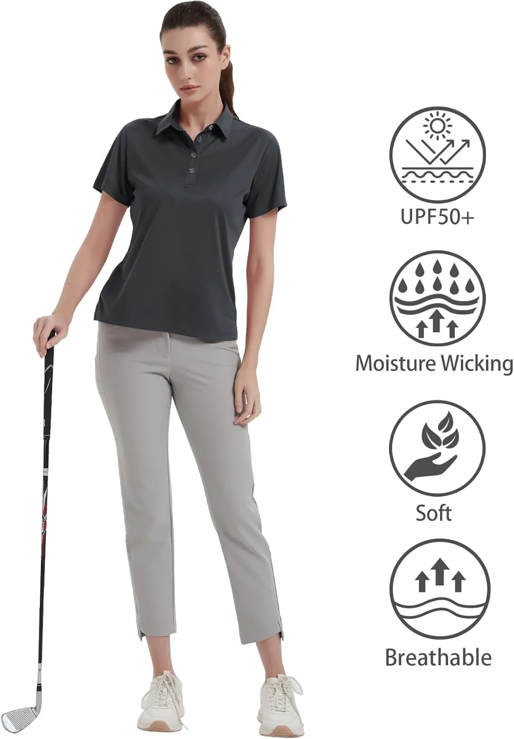 Idtswch Women's Polo Shirts UPF 50  Casual Work Quick Dry 4 Buttons Short Sleeve Collared Golf Shirt XS-4XL
