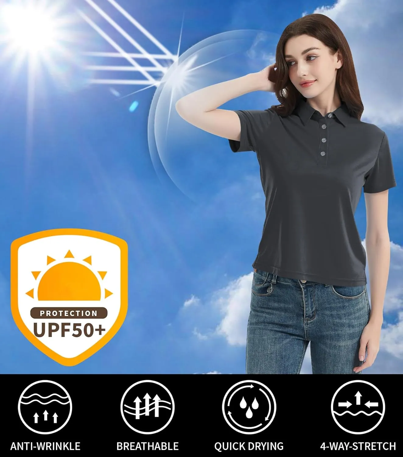Idtswch Women's Polo Shirts UPF 50  Casual Work Quick Dry 4 Buttons Short Sleeve Collared Golf Shirt XS-4XL