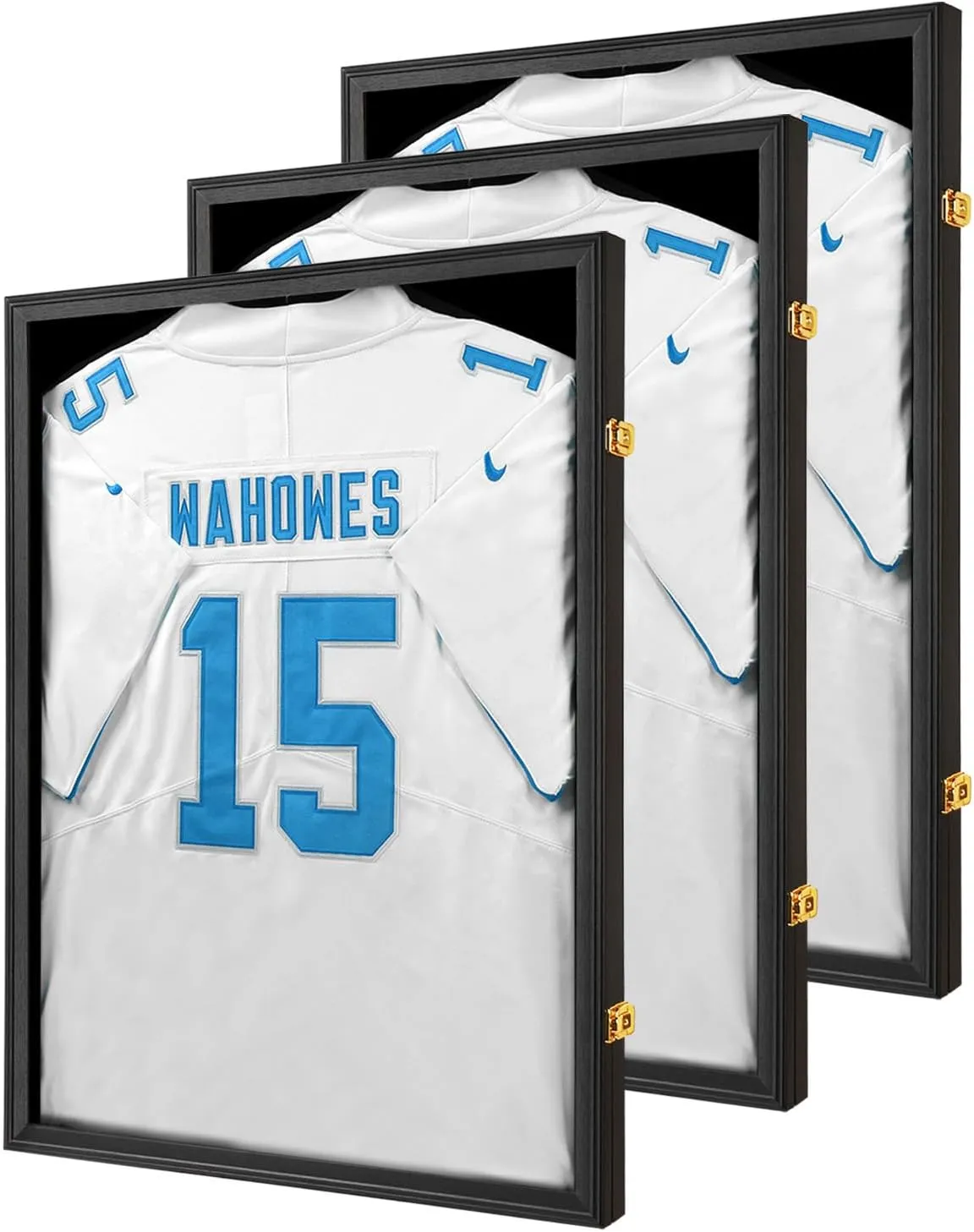 Jersey Frame Display Case 3 Pack-Wood Jersey Display Shadow Box- Lockable Jersey Frame with 2 Wall Hangers and UV Protected Acrylic for Football Baseball Basketball Jersey-Black