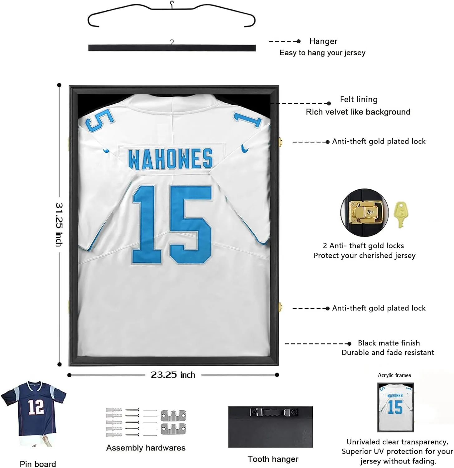 Jersey Frame Display Case 3 Pack-Wood Jersey Display Shadow Box- Lockable Jersey Frame with 2 Wall Hangers and UV Protected Acrylic for Football Baseball Basketball Jersey-Black
