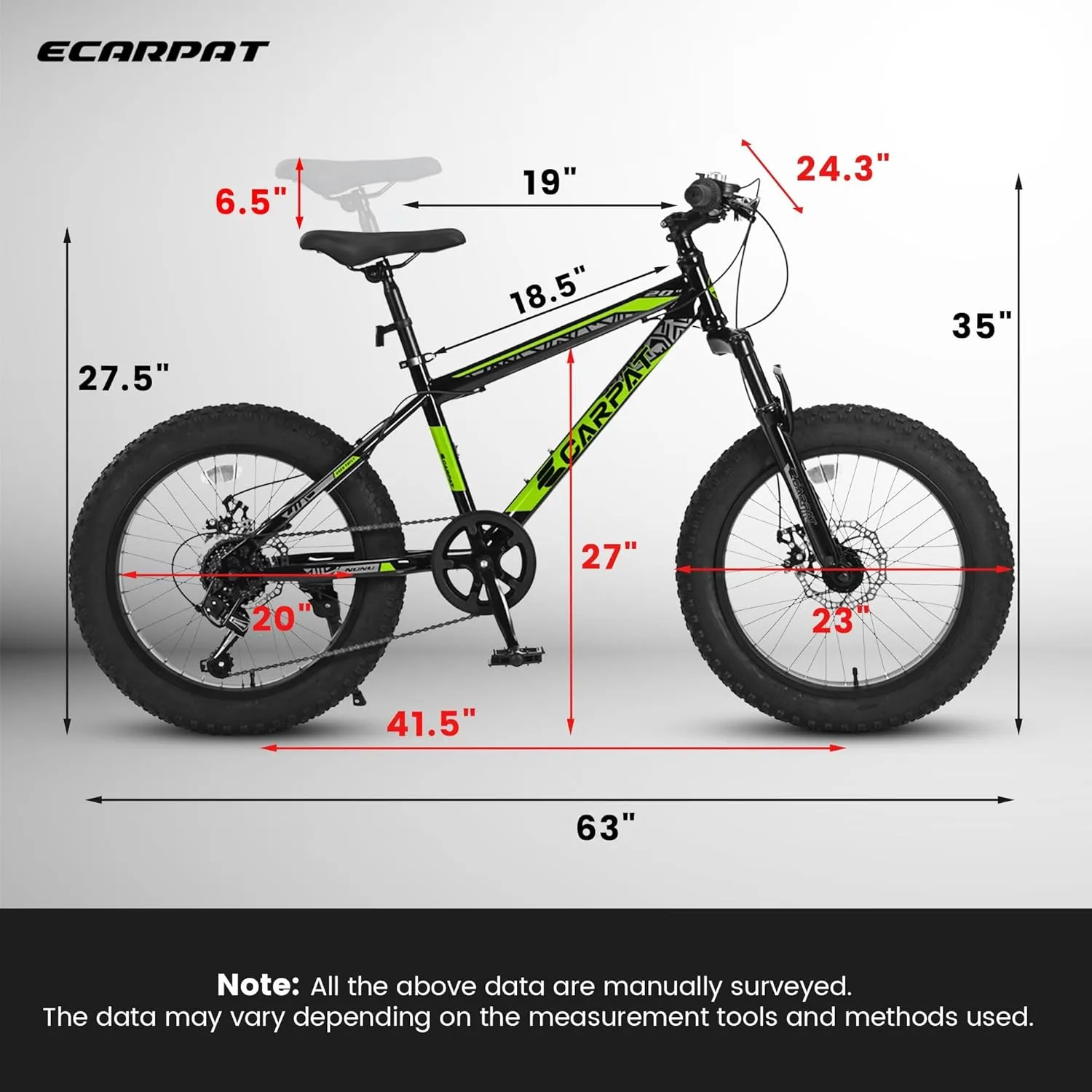 Kids' Bike 20 Inch Wheels Fat Tire Bike, 4" Wide Fat Tire Snow Mountain Bike Ages 8-12 Year Old, Steel Frame, 7 Speed Teenager Children Kids' Bicycles