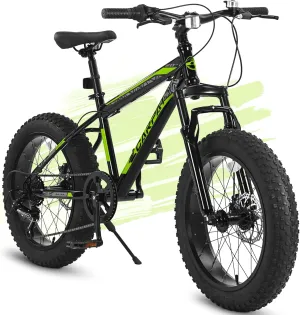 Kids' Bike 20 Inch Wheels Fat Tire Bike, 4" Wide Fat Tire Snow Mountain Bike Ages 8-12 Year Old, Steel Frame, 7 Speed Teenager Children Kids' Bicycles