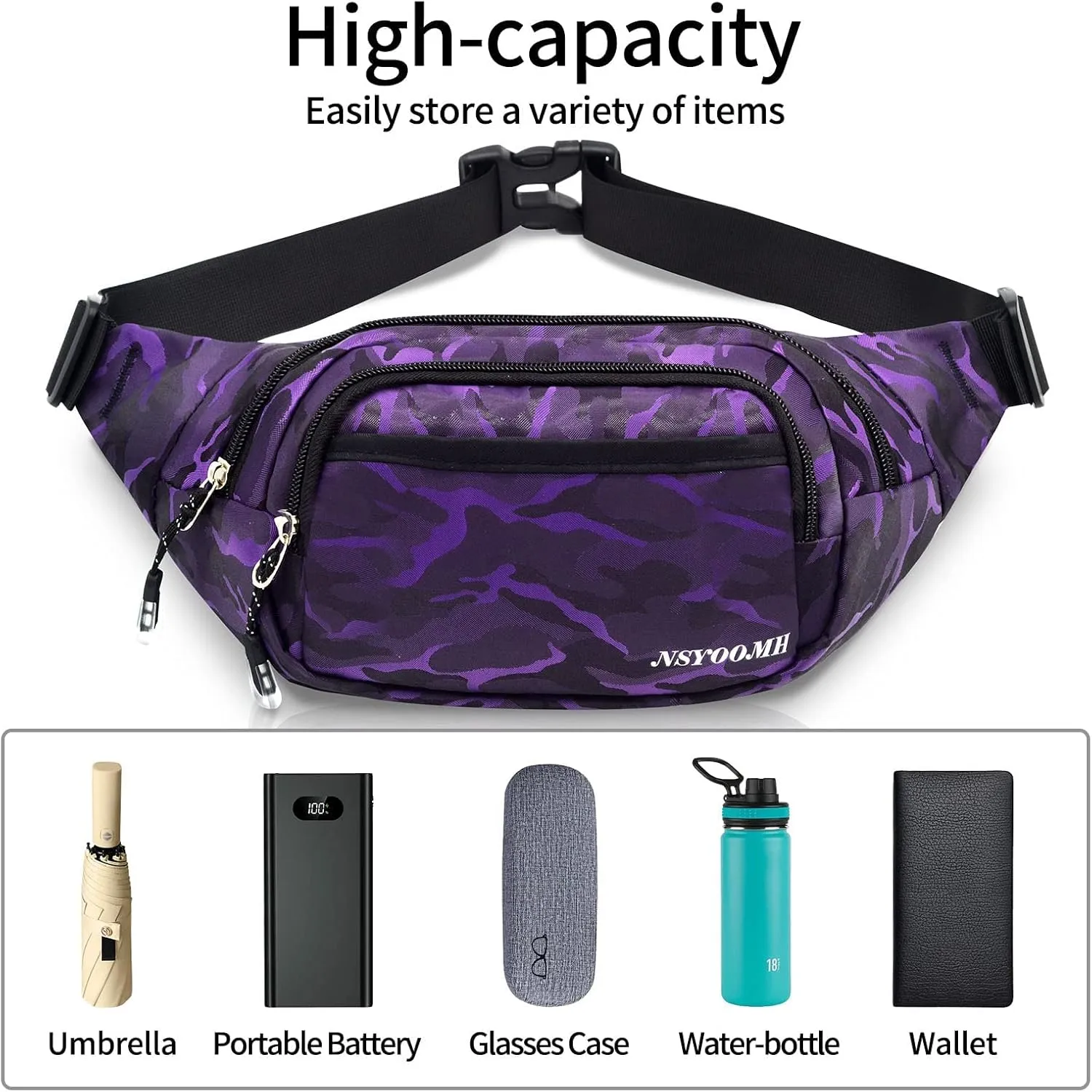 Large Fanny Packs for Women, 5-Zipper Pockets Water Resistant Practical Waist Bag, for Outdoor Running Cycling Sports Travel Hiking Camping Fishing Fashionable Belt Bags