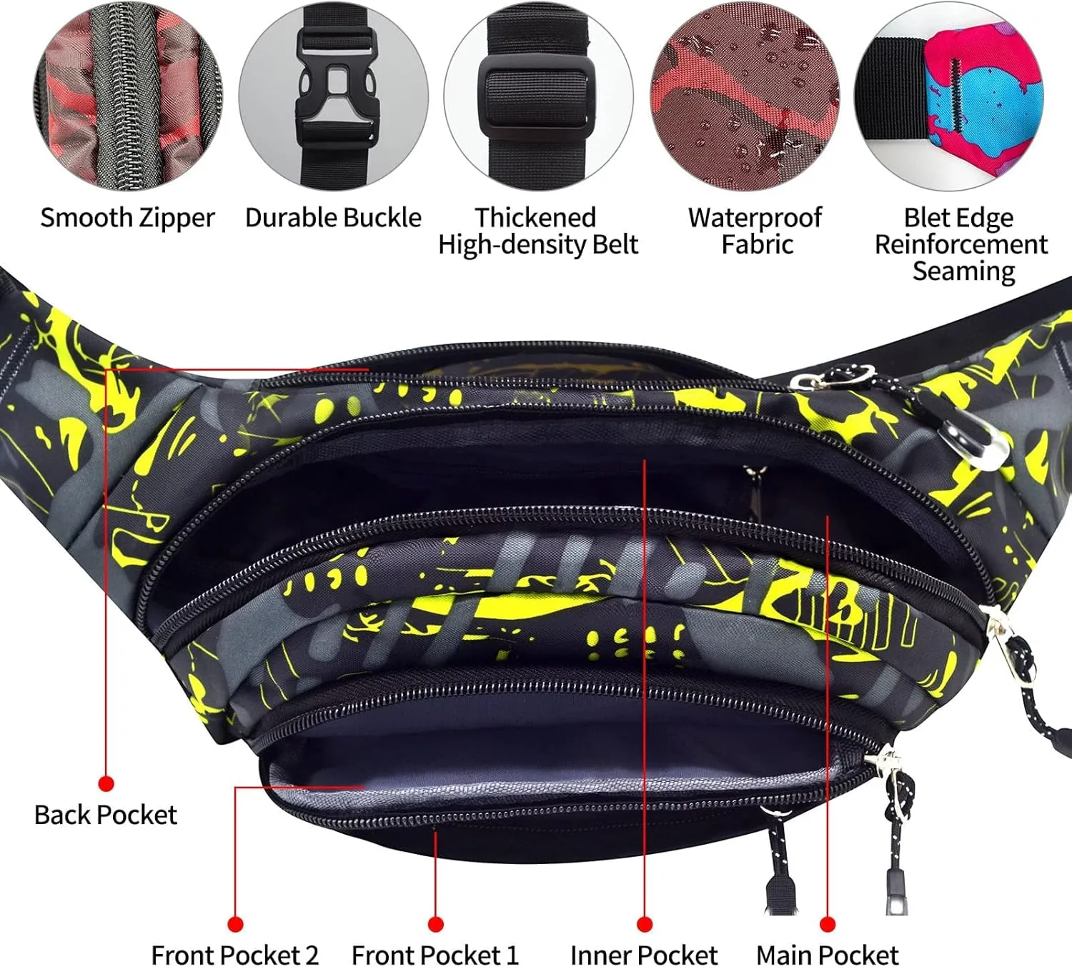 Large Fanny Packs for Women, 5-Zipper Pockets Water Resistant Practical Waist Bag, for Outdoor Running Cycling Sports Travel Hiking Camping Fishing Fashionable Belt Bags