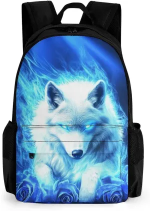 Lightweight Daypack Bookbag for Trekking Business Walking Cycling - Big Capacity Anti-Theft Multipurpose Carry On Bag, Blue Fire Flame Rose Wolf Business Computer Bag