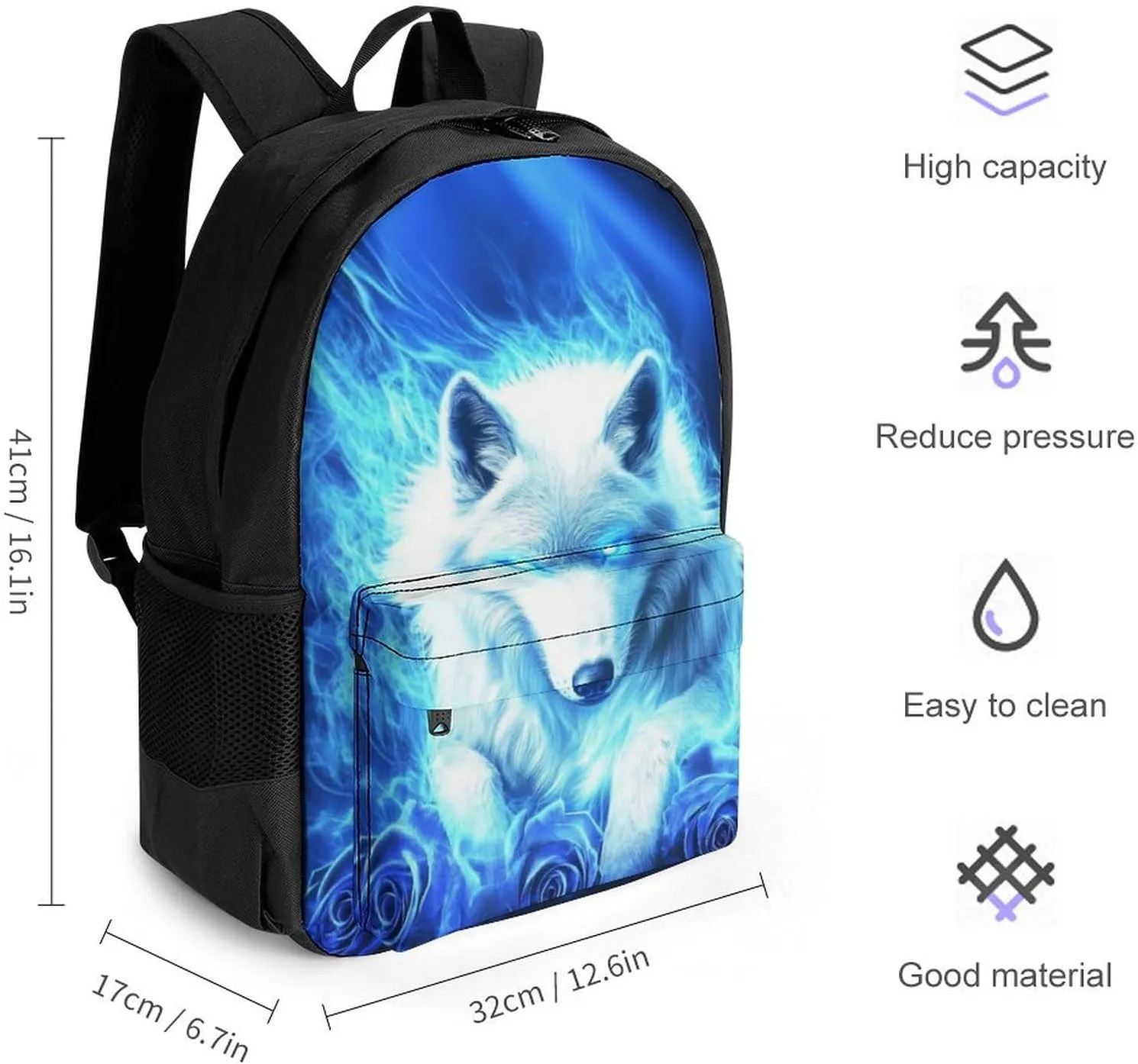 Lightweight Daypack Bookbag for Trekking Business Walking Cycling - Big Capacity Anti-Theft Multipurpose Carry On Bag, Blue Fire Flame Rose Wolf Business Computer Bag