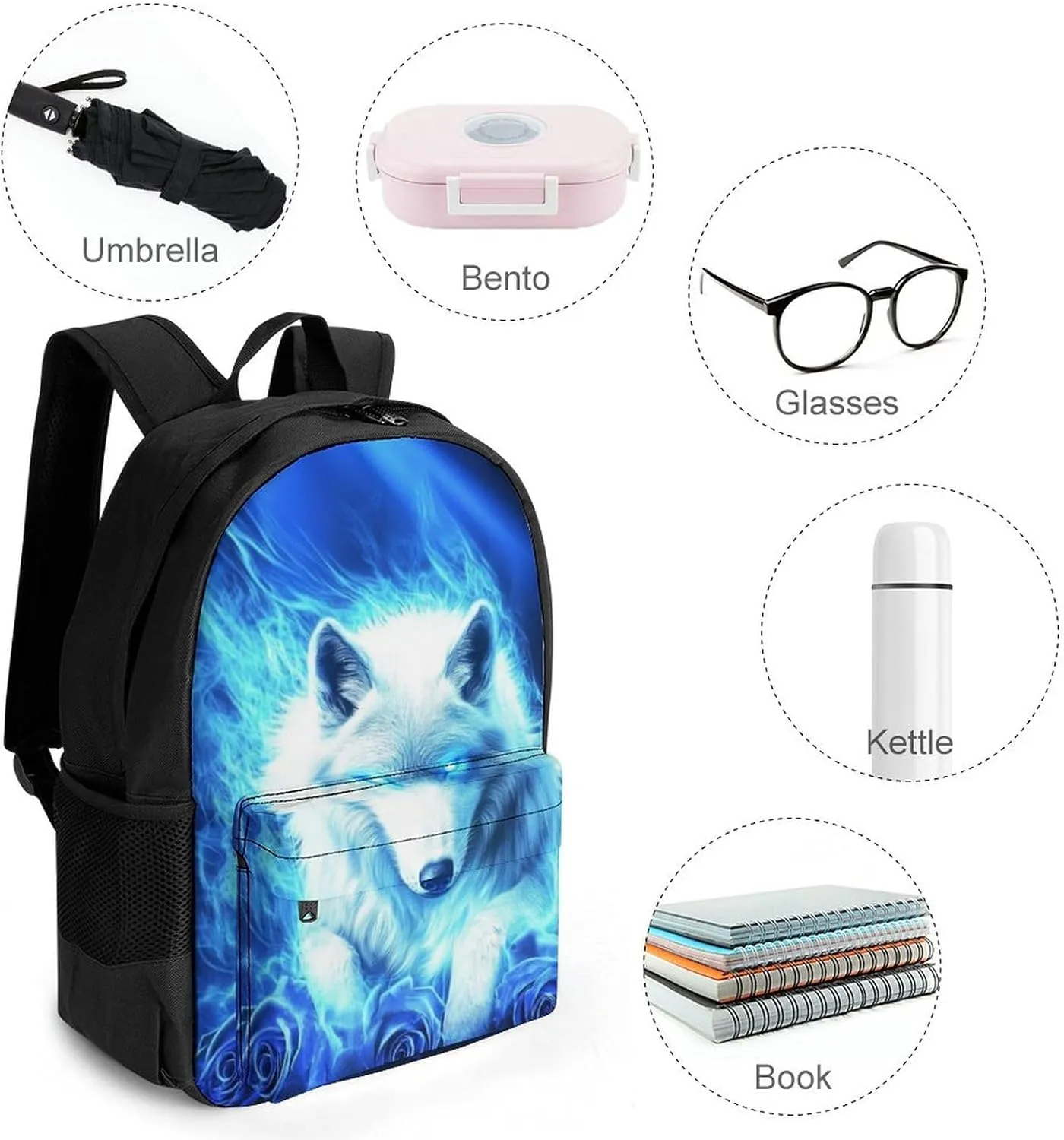 Lightweight Daypack Bookbag for Trekking Business Walking Cycling - Big Capacity Anti-Theft Multipurpose Carry On Bag, Blue Fire Flame Rose Wolf Business Computer Bag