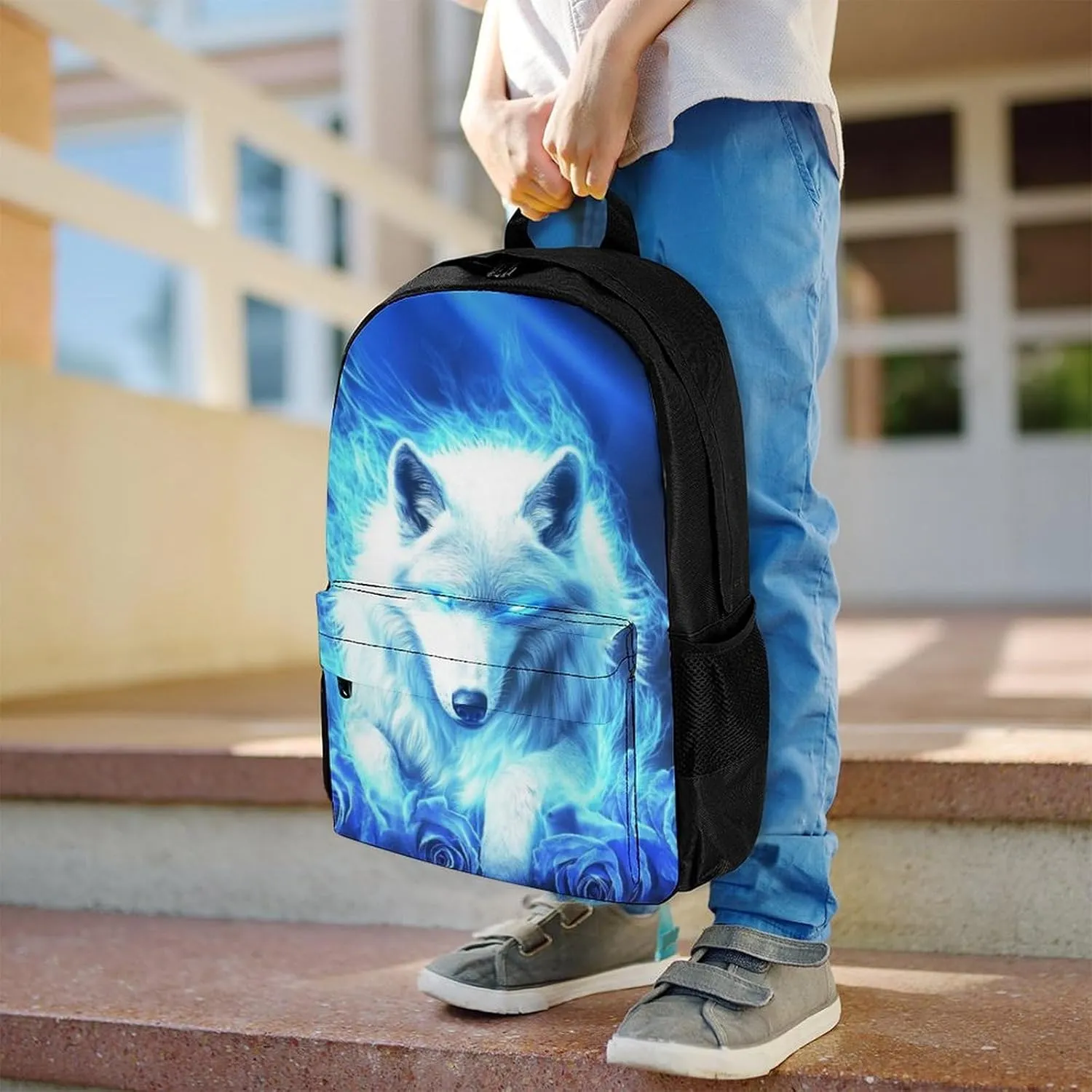 Lightweight Daypack Bookbag for Trekking Business Walking Cycling - Big Capacity Anti-Theft Multipurpose Carry On Bag, Blue Fire Flame Rose Wolf Business Computer Bag