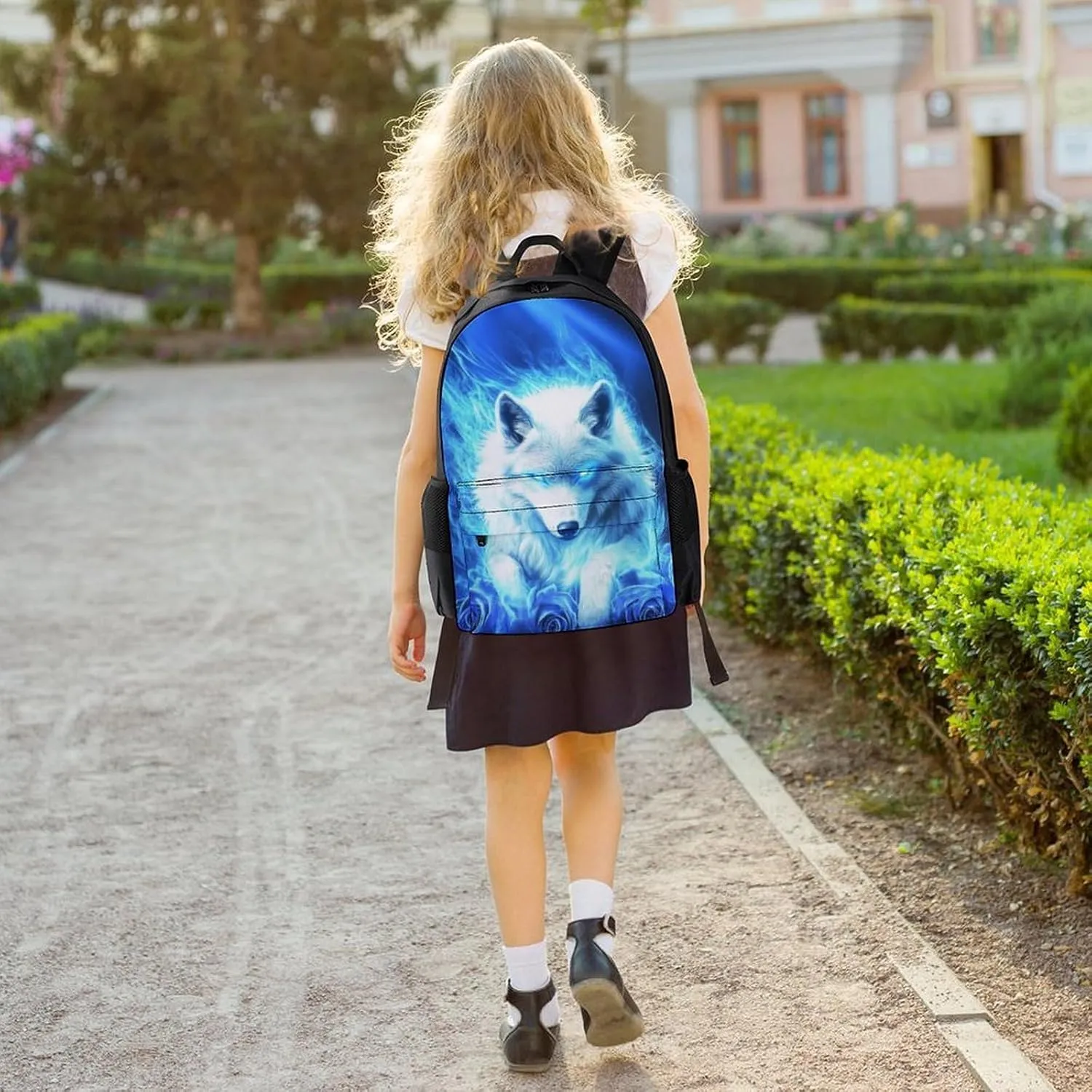 Lightweight Daypack Bookbag for Trekking Business Walking Cycling - Big Capacity Anti-Theft Multipurpose Carry On Bag, Blue Fire Flame Rose Wolf Business Computer Bag