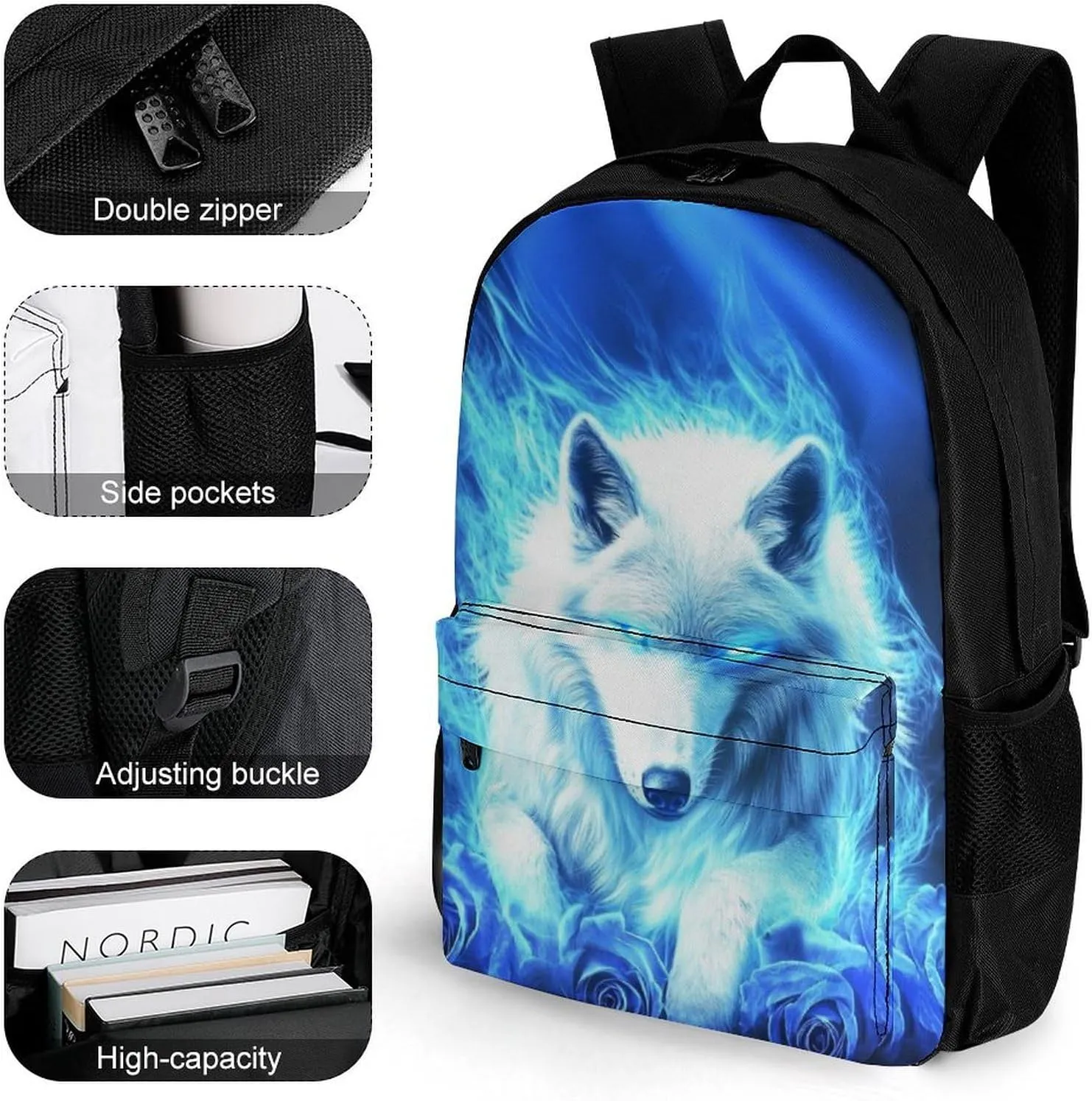 Lightweight Daypack Bookbag for Trekking Business Walking Cycling - Big Capacity Anti-Theft Multipurpose Carry On Bag, Blue Fire Flame Rose Wolf Business Computer Bag
