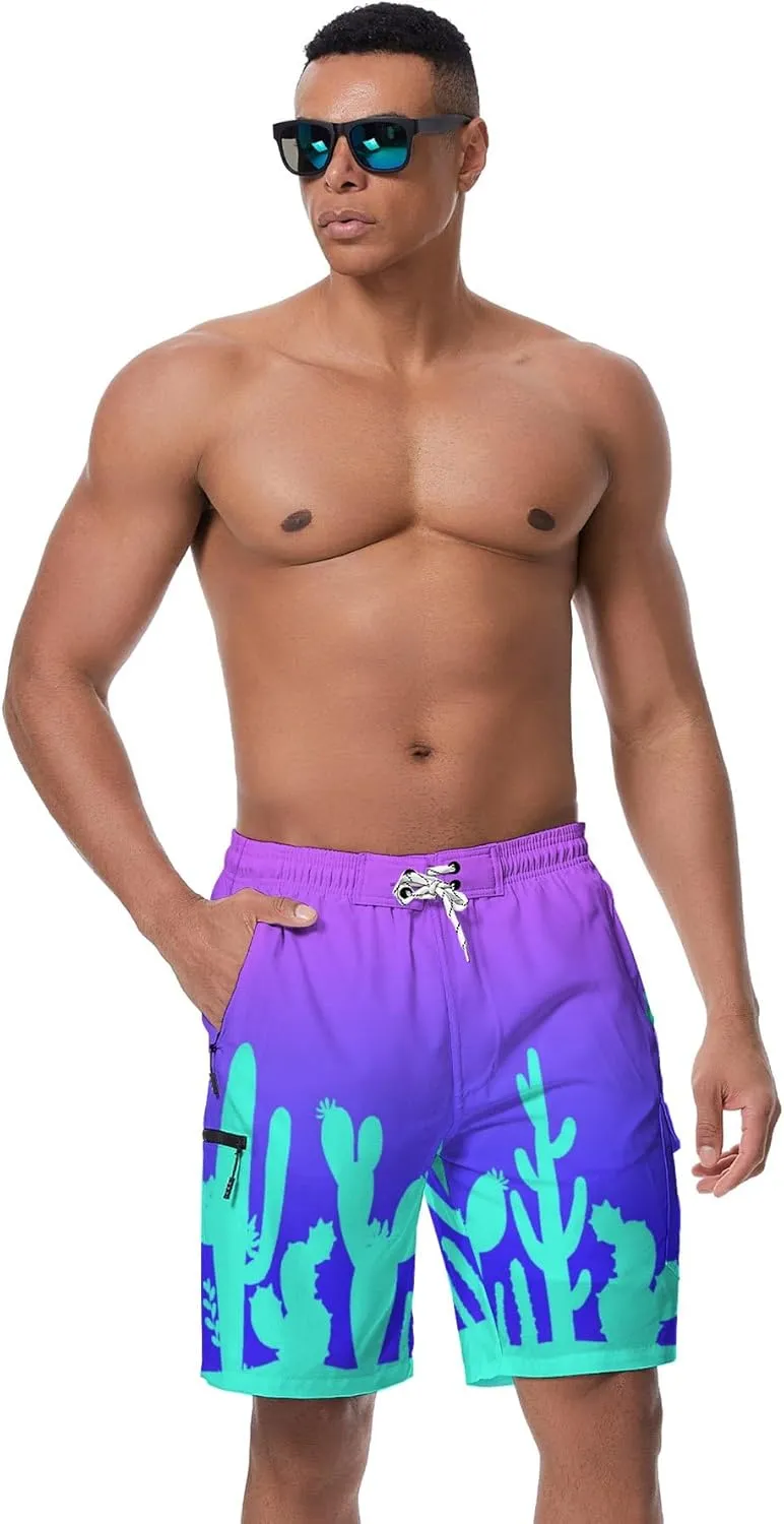 Mens Board Shorts with Compression Liner 9 Inseam Quick Dry Swimwear Bathing Suit Swim Trunks with 4 Pocket