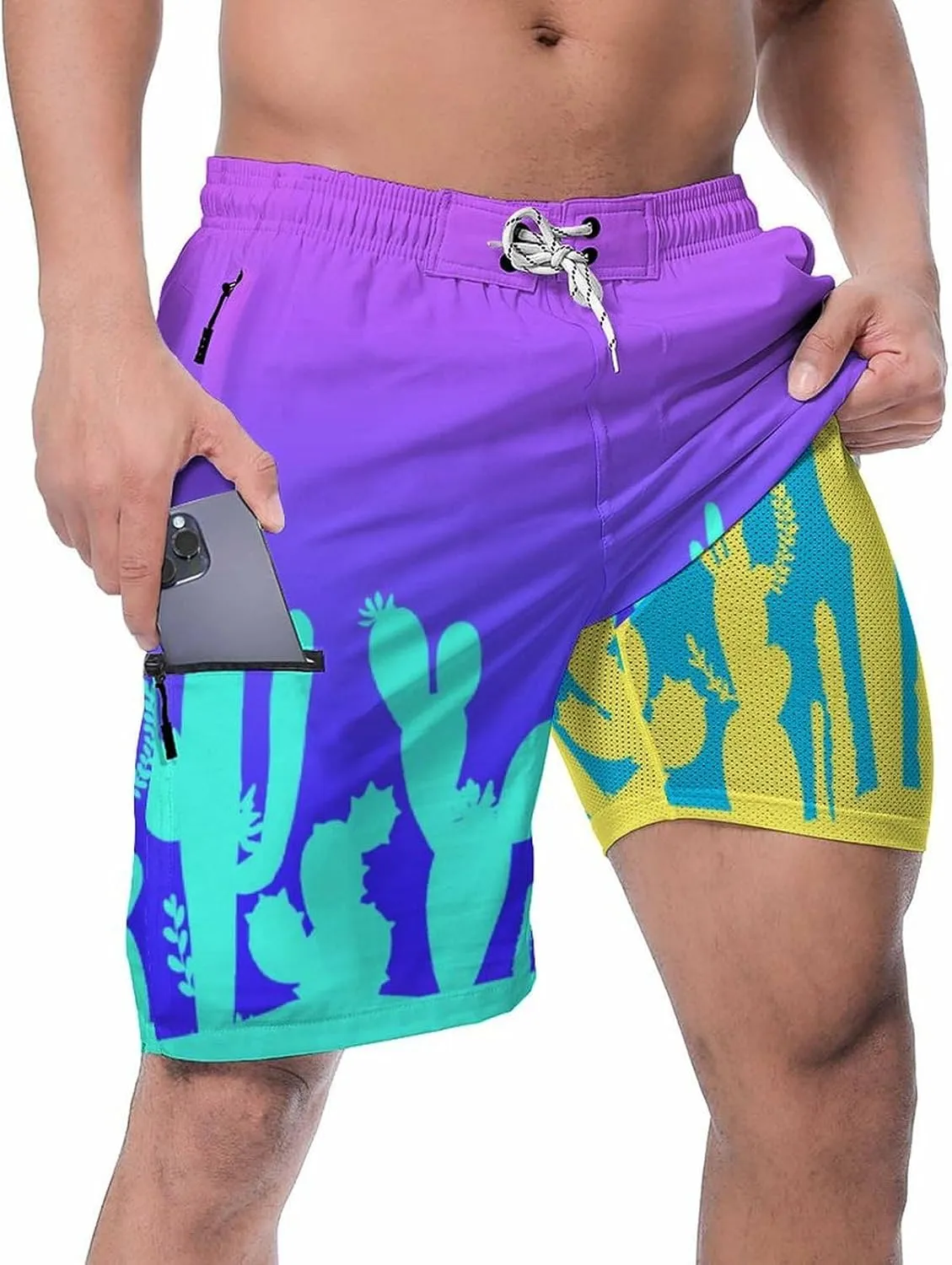 Mens Board Shorts with Compression Liner 9 Inseam Quick Dry Swimwear Bathing Suit Swim Trunks with 4 Pocket