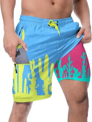 Mens Board Shorts with Compression Liner 9 Inseam Quick Dry Swimwear Bathing Suit Swim Trunks with 4 Pocket