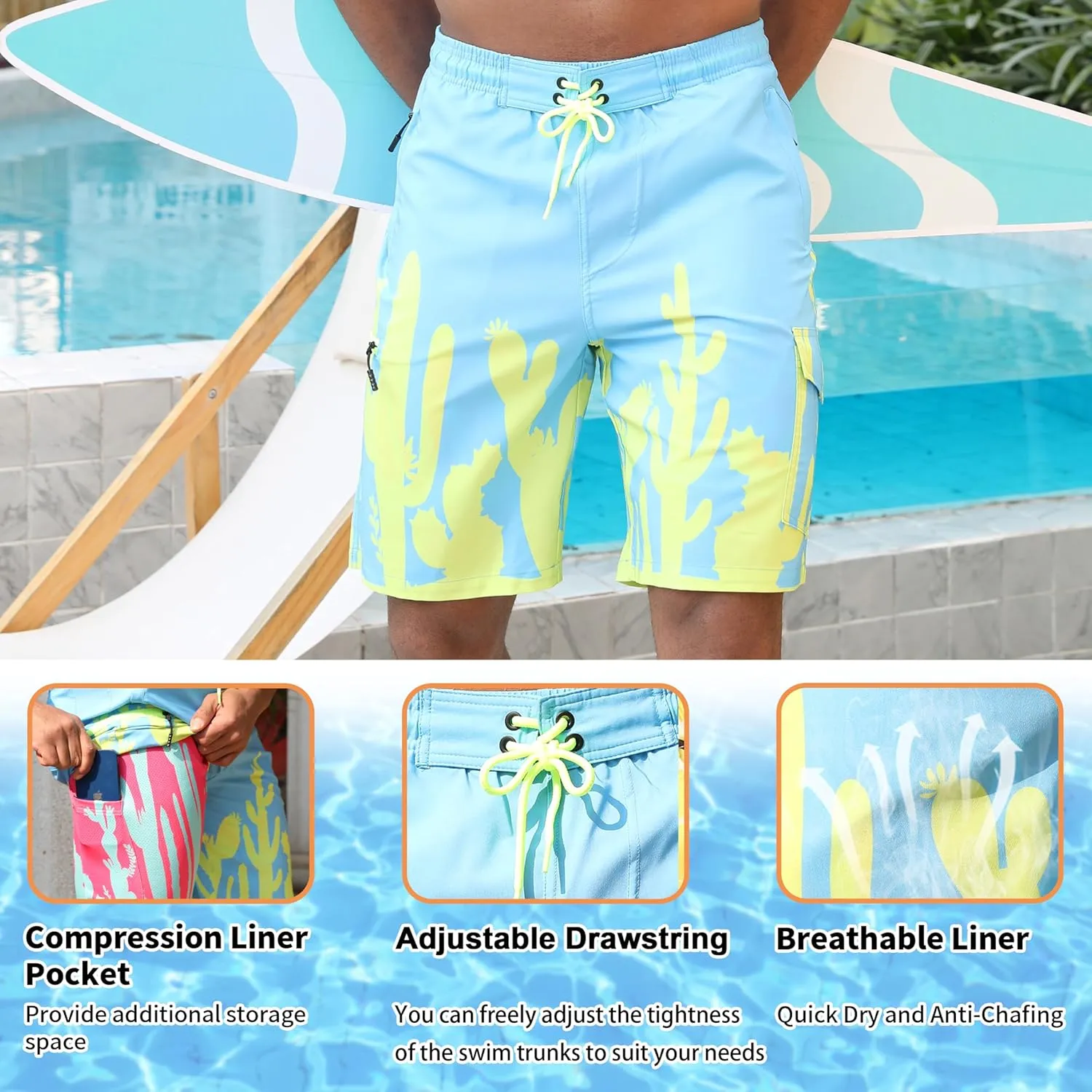 Mens Board Shorts with Compression Liner 9 Inseam Quick Dry Swimwear Bathing Suit Swim Trunks with 4 Pocket