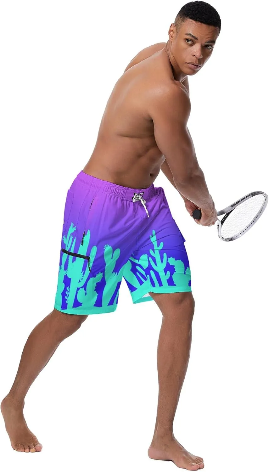 Mens Board Shorts with Compression Liner 9 Inseam Quick Dry Swimwear Bathing Suit Swim Trunks with 4 Pocket