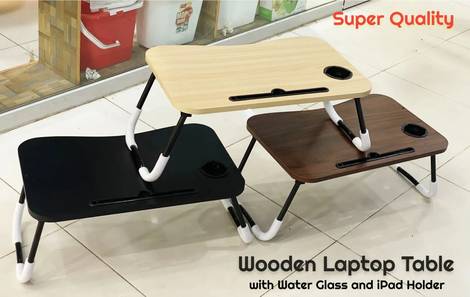 Multifunctional Foldable, Wooden Laptop Table with Glass and Mobile Holder