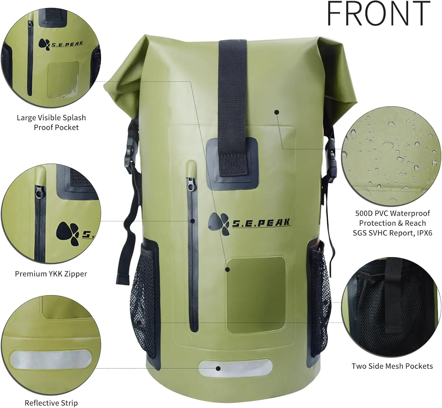 SEPEAK 35L Waterproof Dry Bag Backpack IPX6, Roll-Top Closure Bag Boating & Kayak Accessories - Essentials for Camping Swimming Beach Fishing Rafting Travel,Green