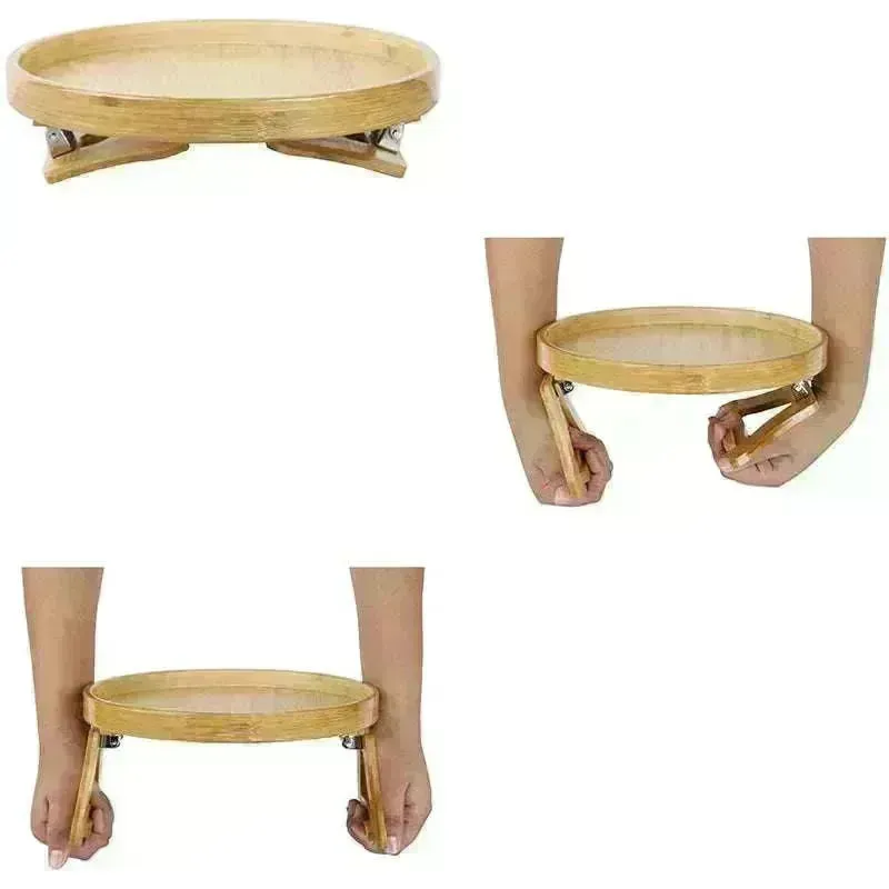 Solid Wood Round Storage Bamboo With Legs Sofa Arm Foldable Tray Table