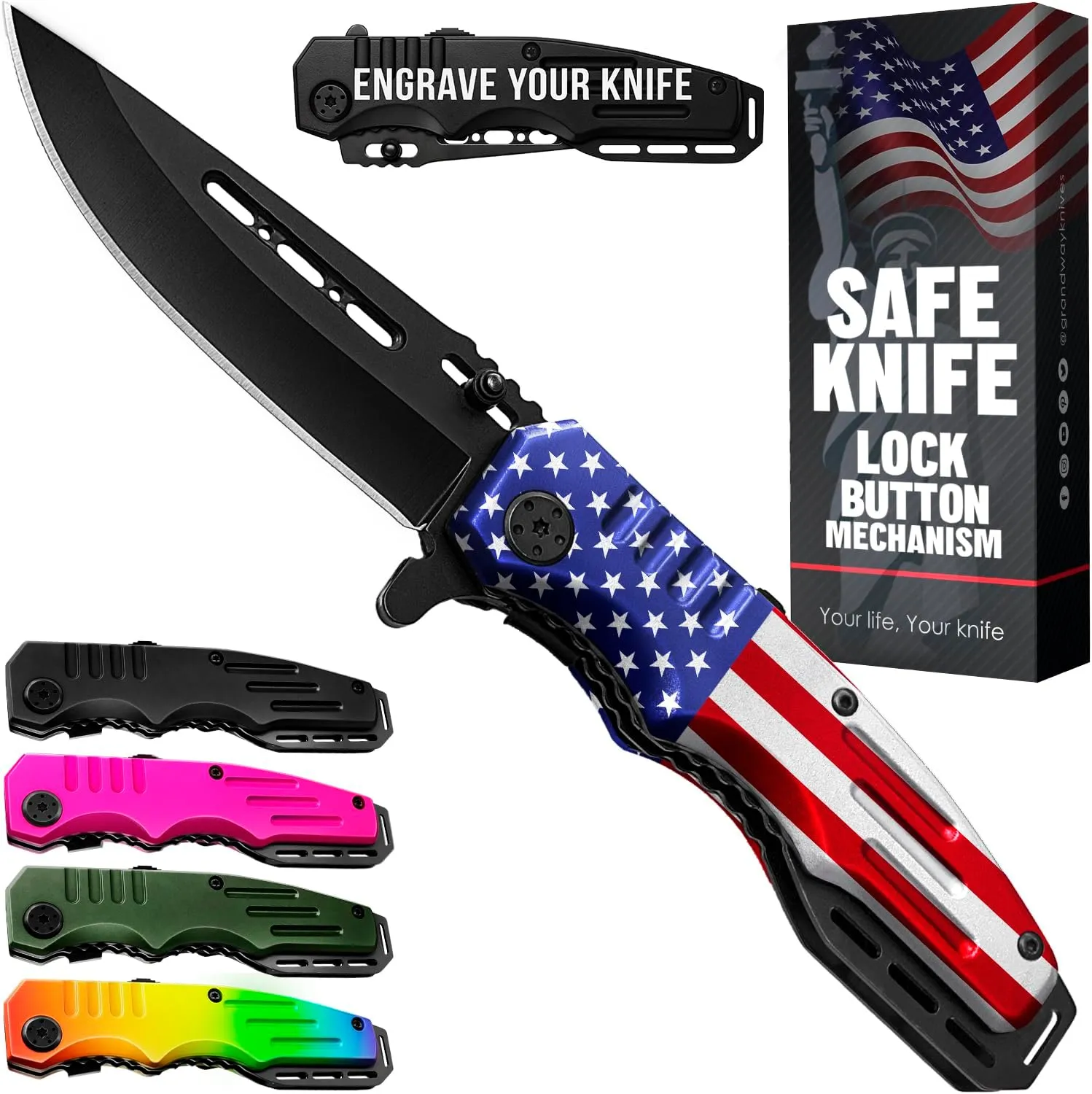 Spring Assisted Pocket Knife American Flag - Tactical Folding Knives for Men - Good for Camping Military Hunting Indoor and Outdoor Activities - Mens Gift Ideas for Birthday Anniversary 6681 F