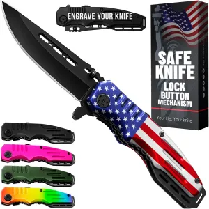 Spring Assisted Pocket Knife American Flag - Tactical Folding Knives for Men - Good for Camping Military Hunting Indoor and Outdoor Activities - Mens Gift Ideas for Birthday Anniversary 6681 F