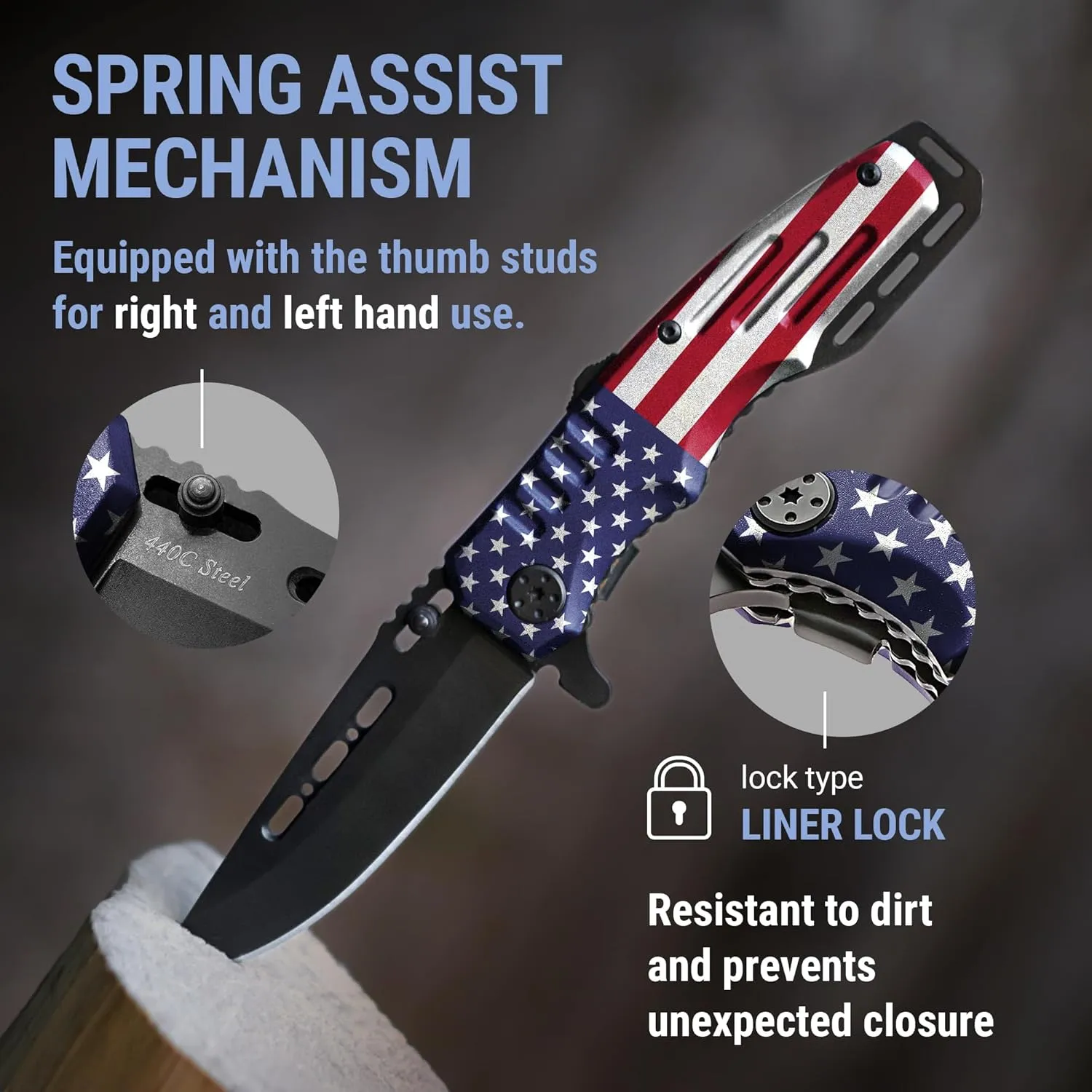 Spring Assisted Pocket Knife American Flag - Tactical Folding Knives for Men - Good for Camping Military Hunting Indoor and Outdoor Activities - Mens Gift Ideas for Birthday Anniversary 6681 F