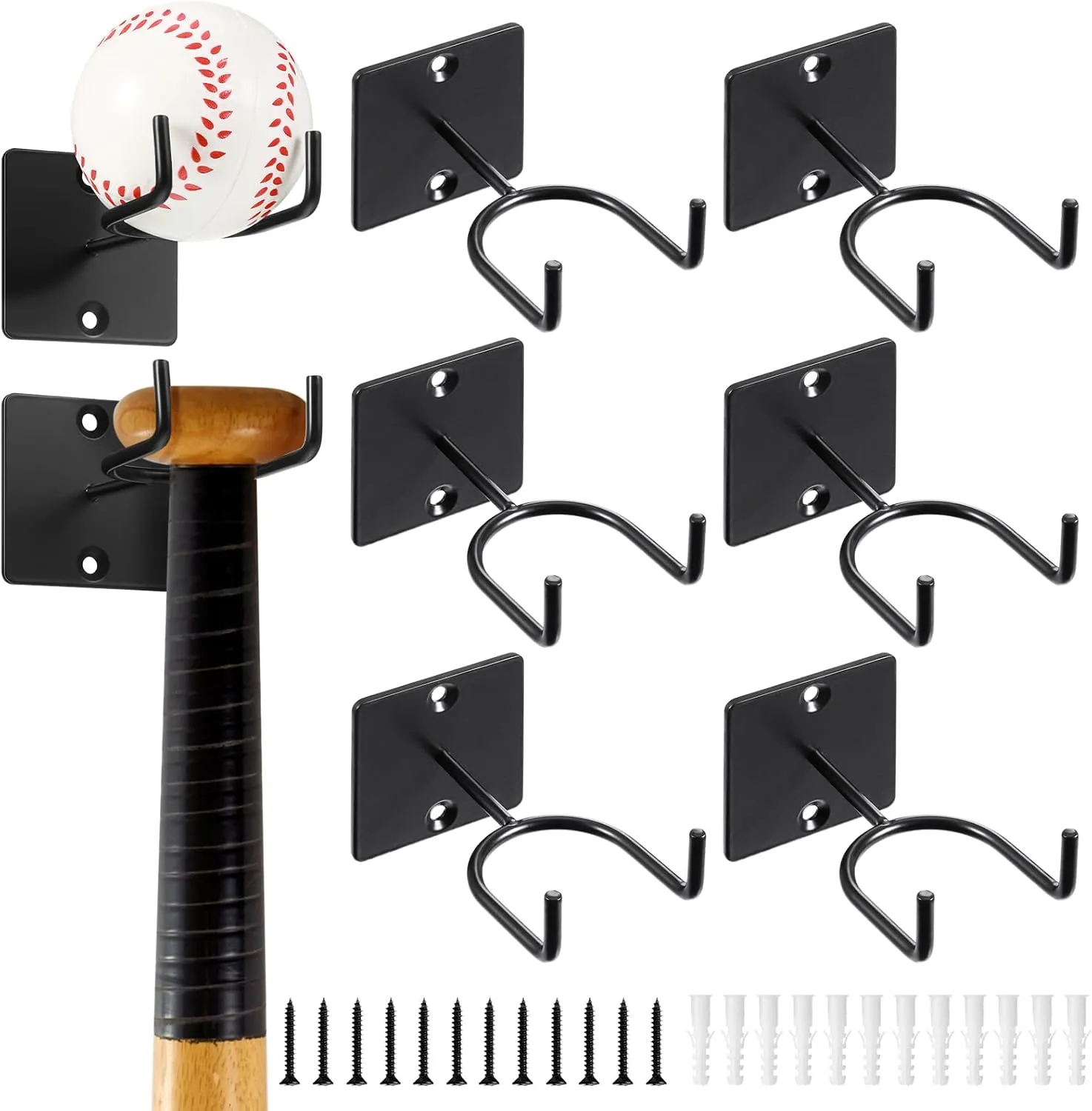 Sratte 6 Pcs Baseball Bat Holder Wall Mount Baseball Softball Bat Black Vertical Display Stand Hooks for Sport Memorabilia Ball Storage