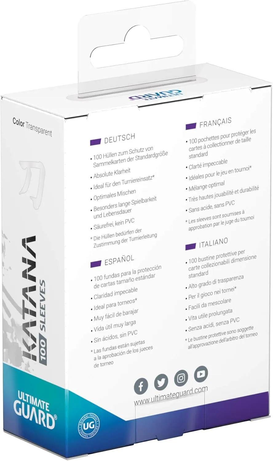 Ultimate Guard Katana Card Sleeves: 100 Standard Size TCG Sleeves, 66 x 91mm, Clear Back, Tournament Quality, No PVC & Acid-Free, High Clarity