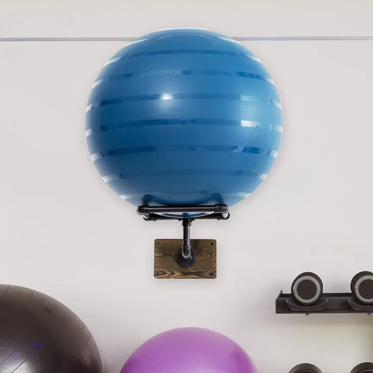 Wall Mounted Stability Ball Rack, Yoga and Exercise Ball Holder Stand with Industrial Metal Pipe and Burnt Wood