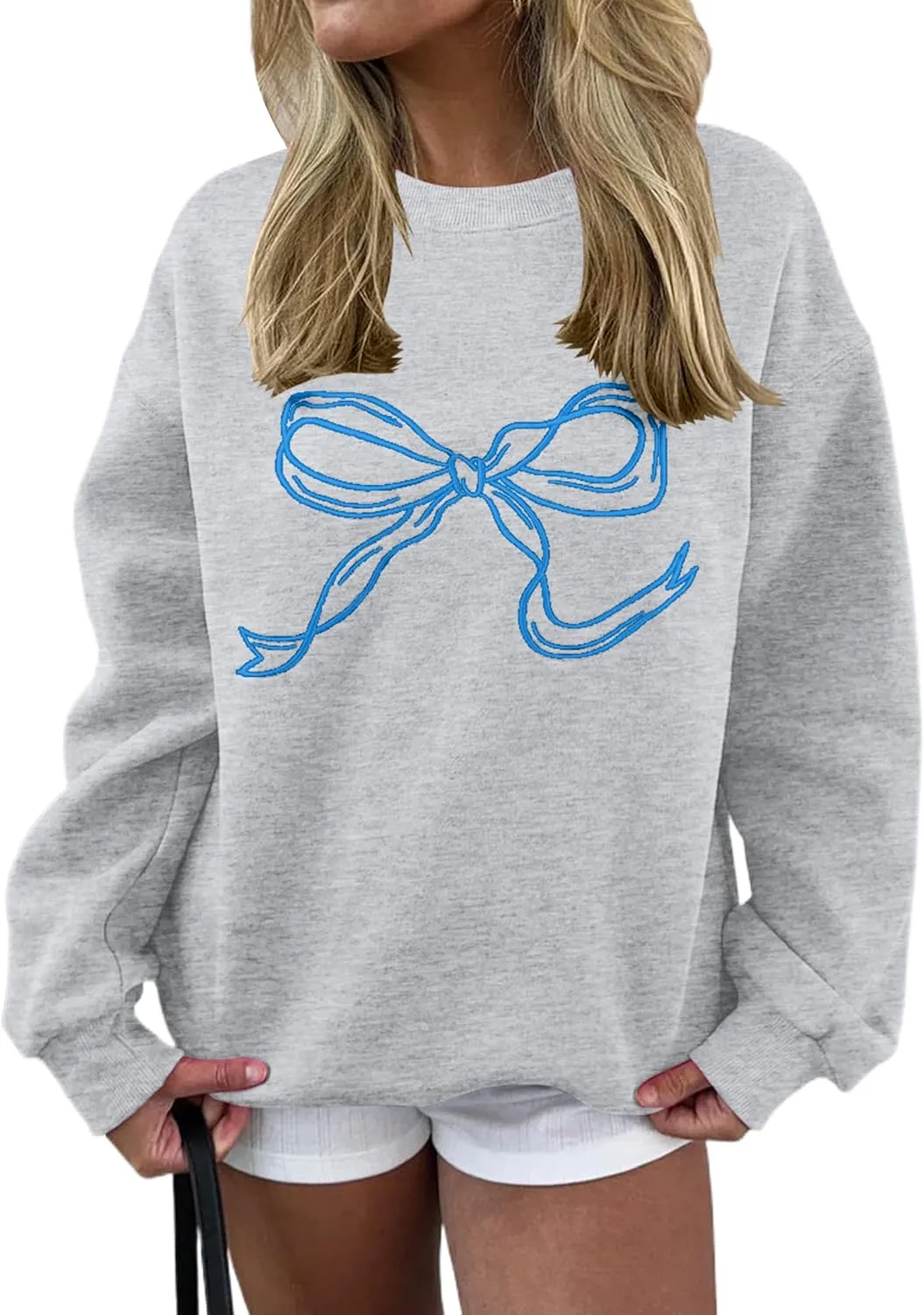 Ythomm Womens Bow Graphic Sweatshirts Oversized Crewneck Drop Shoulder Pullover Sweatshirt Long Sleeve Tops 2024 Fall Outfit